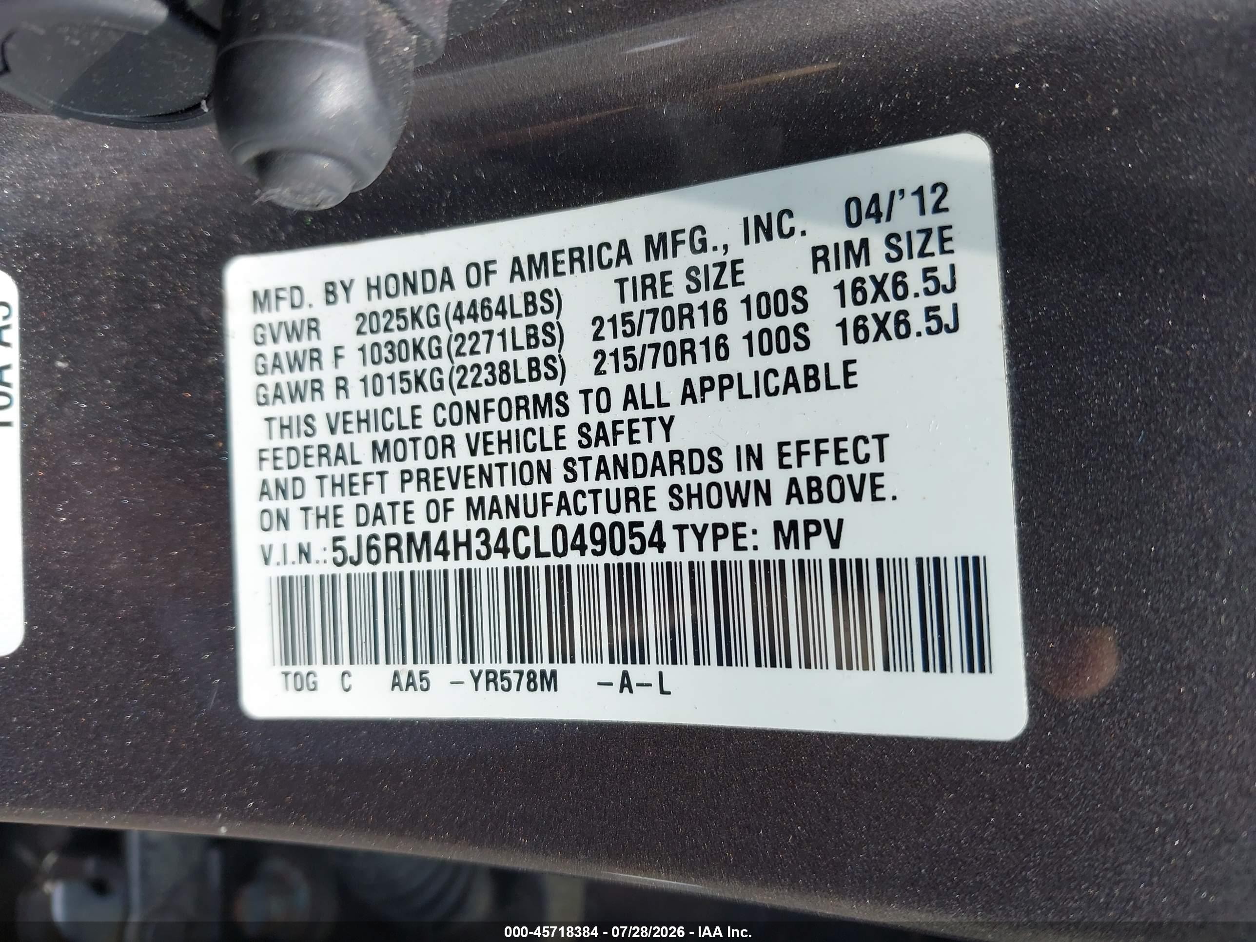 2012 Honda Cr-v Lx Gray vin: 5J6RM4H34CL049054
