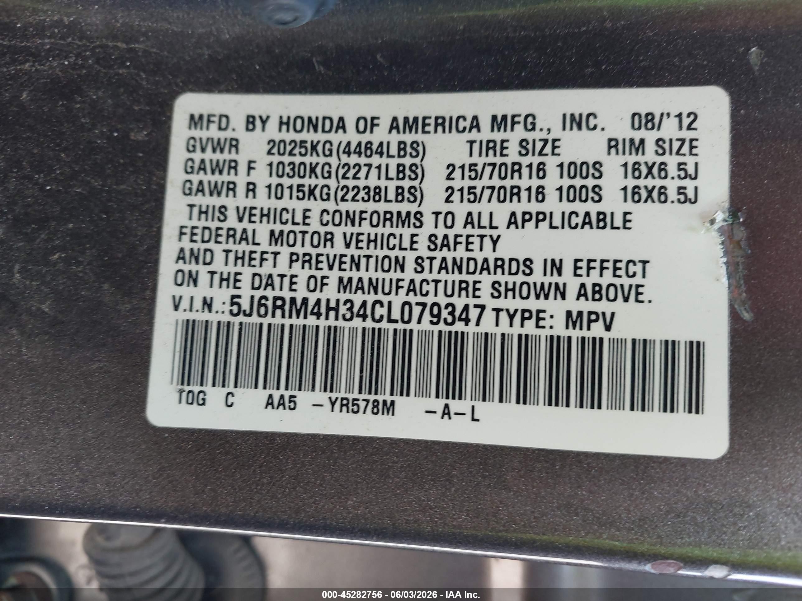 2012 Honda Cr-v Lx Gray vin: 5J6RM4H34CL079347