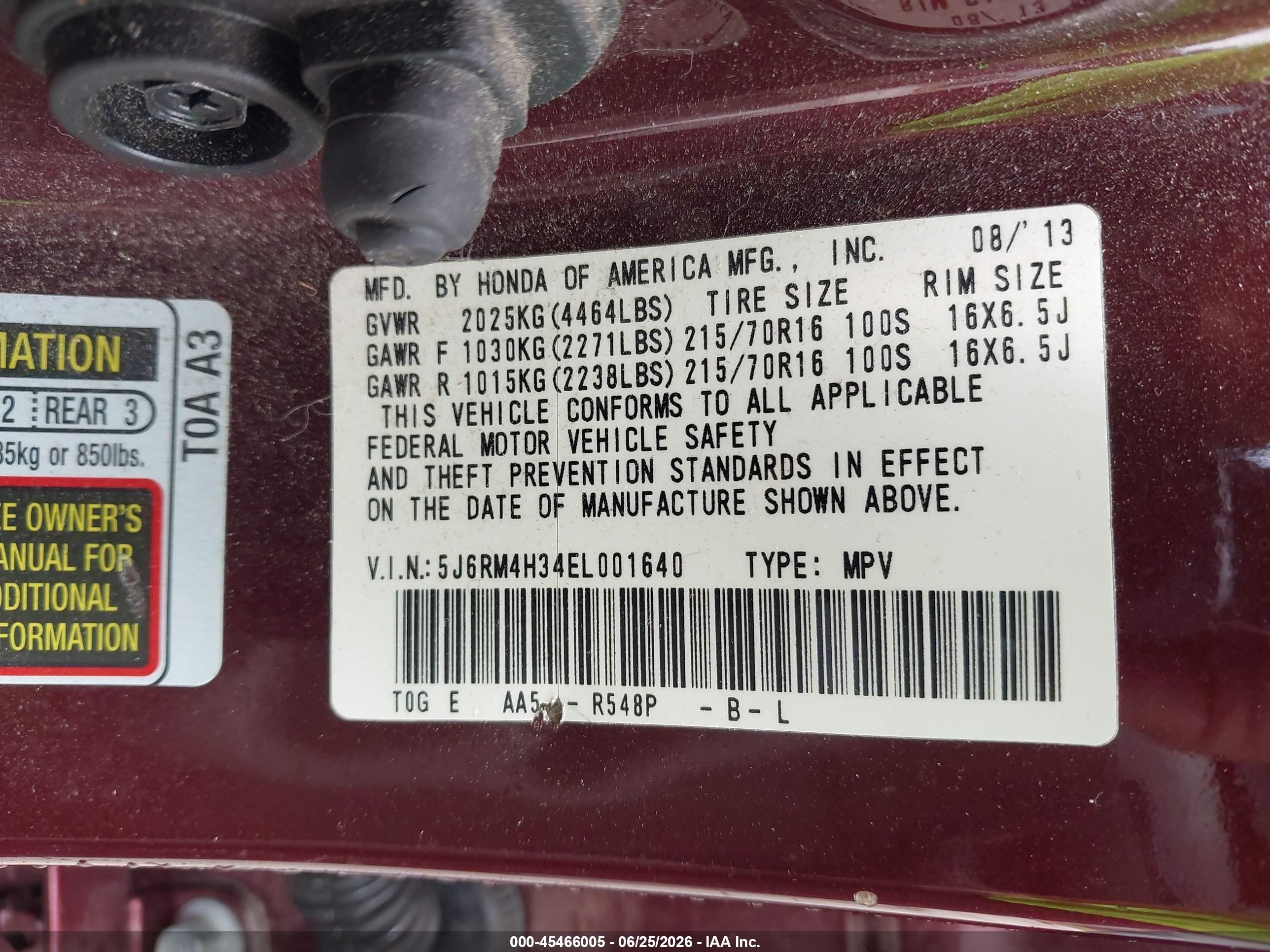2014 Honda Cr-v Lx Burgundy vin: 5J6RM4H34EL001640