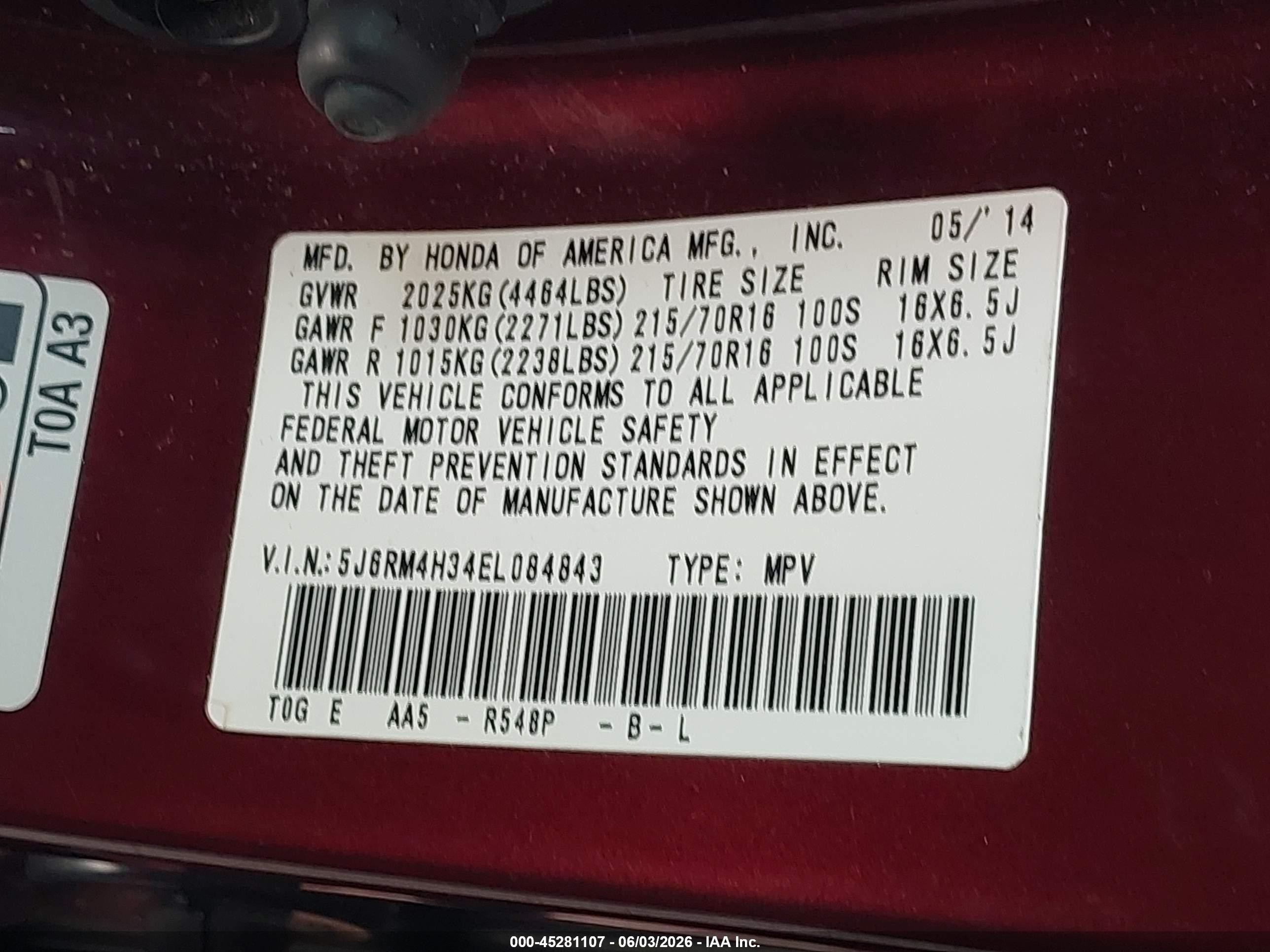 2014 Honda Cr-v Lx Red vin: 5J6RM4H34EL084843