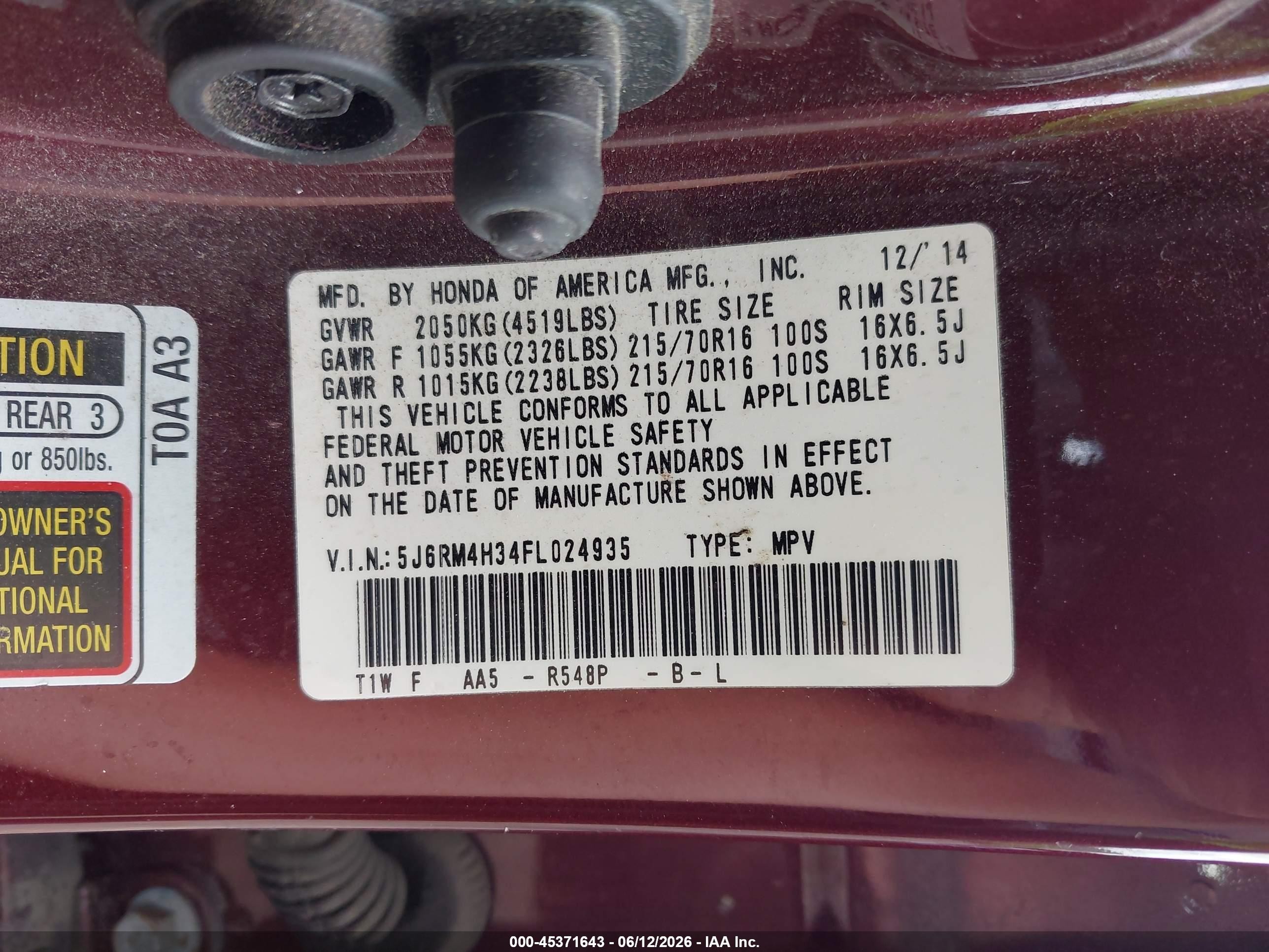 2015 Honda Cr-v Lx Maroon vin: 5J6RM4H34FL024935
