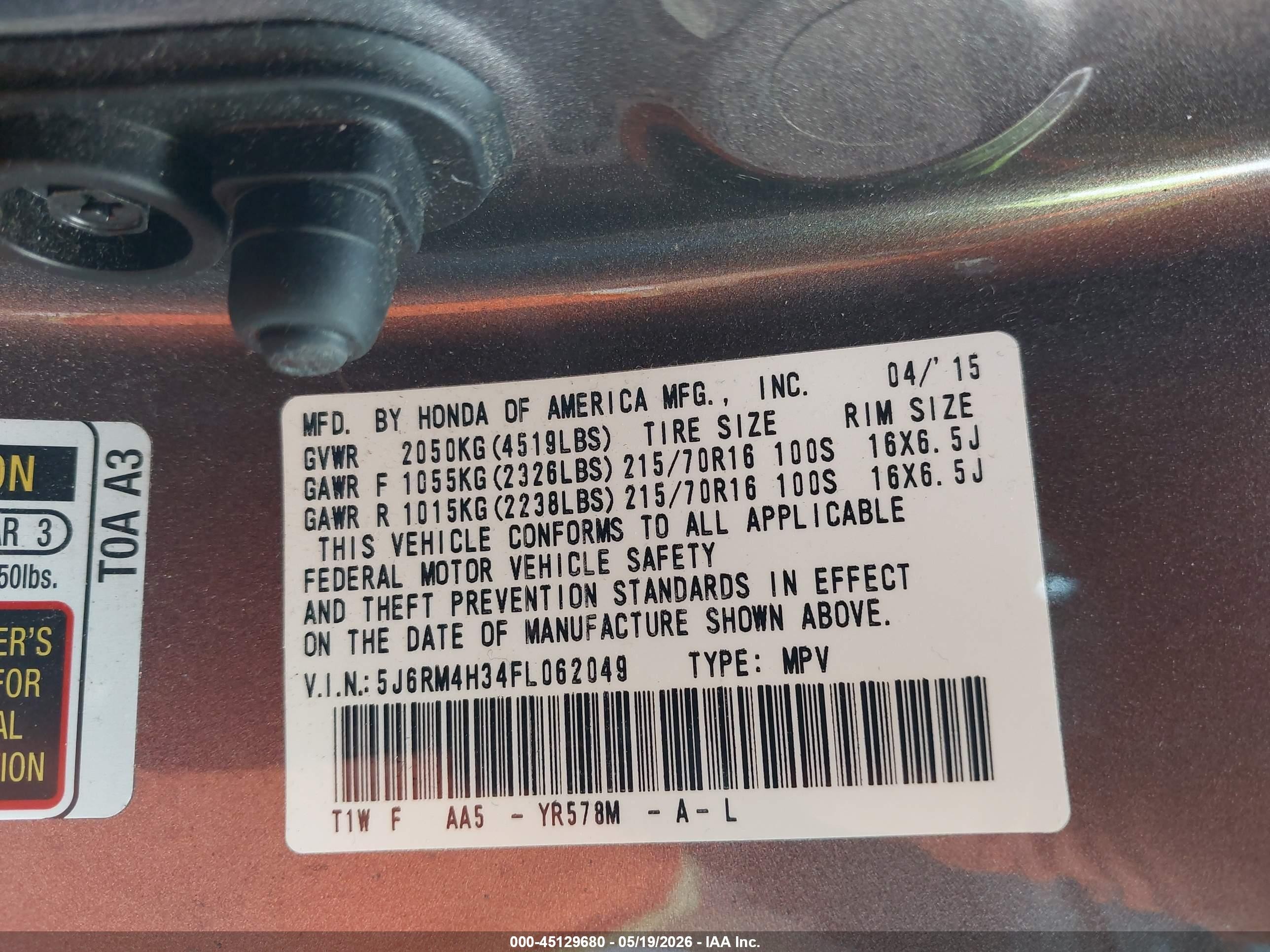 2015 Honda Cr-v Lx Gray vin: 5J6RM4H34FL062049