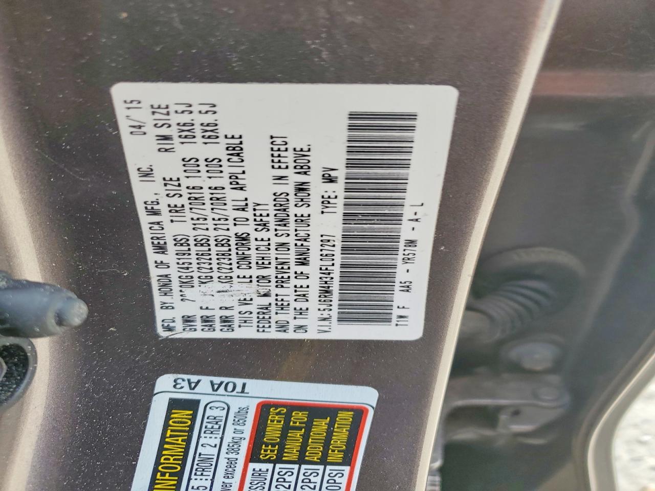 2015 Honda Cr-v Lx Серый vin: 5J6RM4H34FL067297