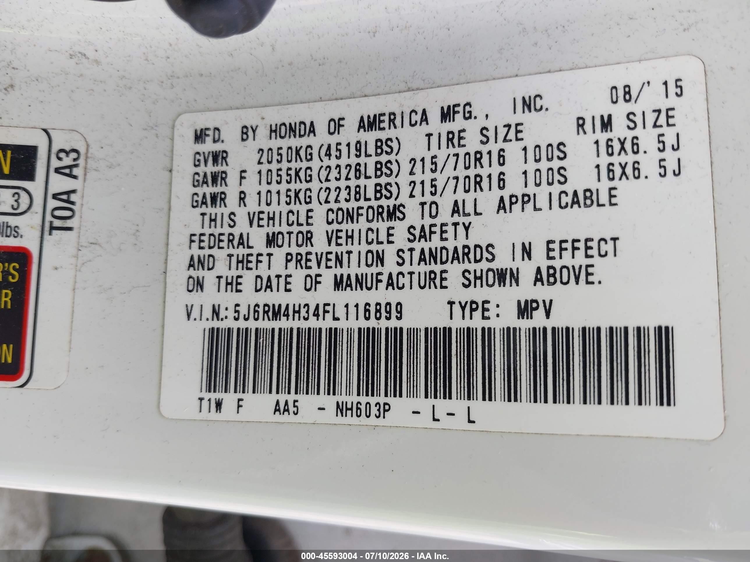 2015 Honda Cr-v Lx White vin: 5J6RM4H34FL116899
