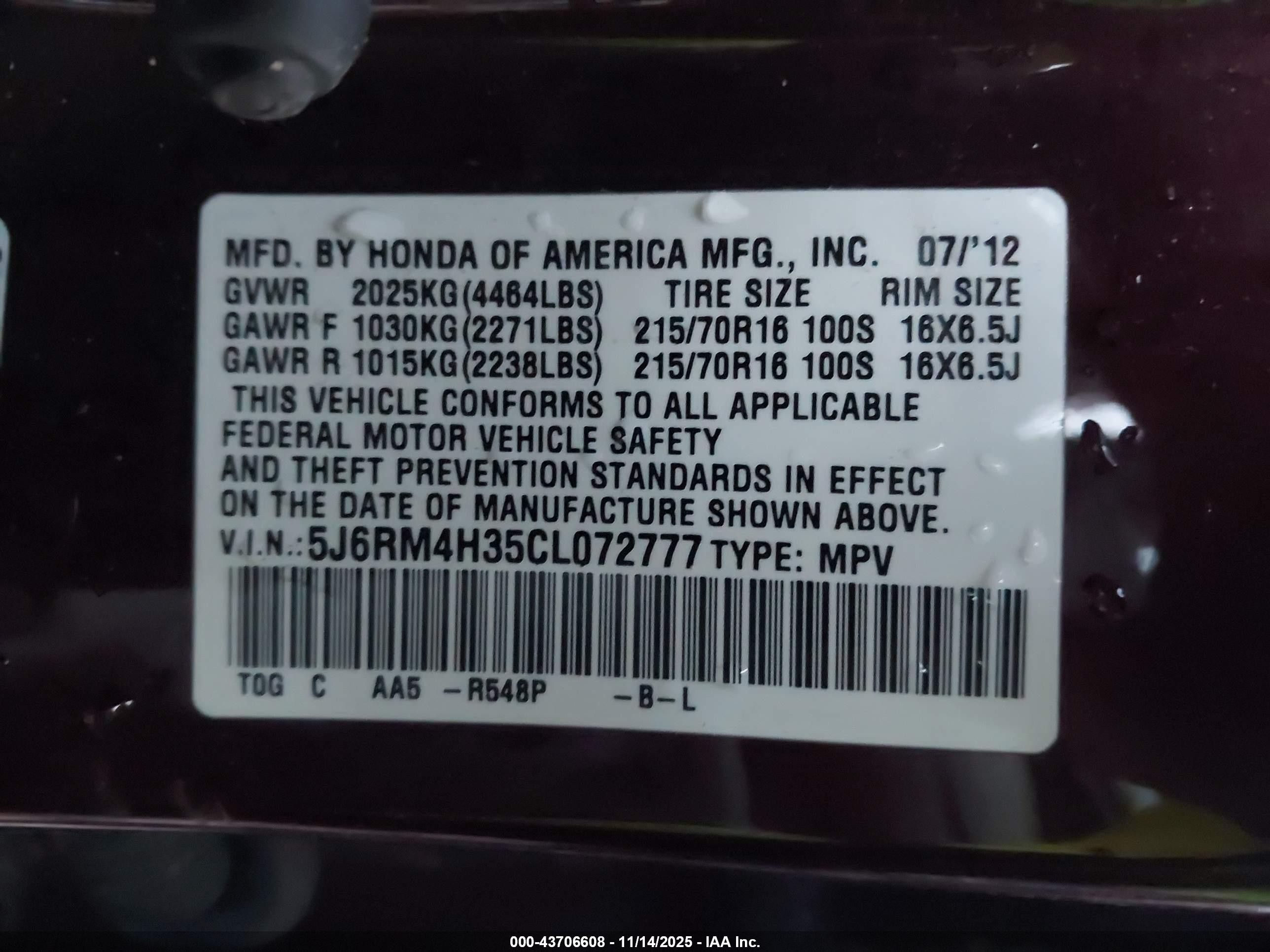 2012 Honda Cr-v Lx Maroon vin: 5J6RM4H35CL072777