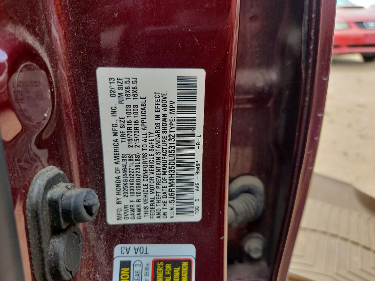 2013 Honda Cr-v Lx Maroon vin: 5J6RM4H35DL053132