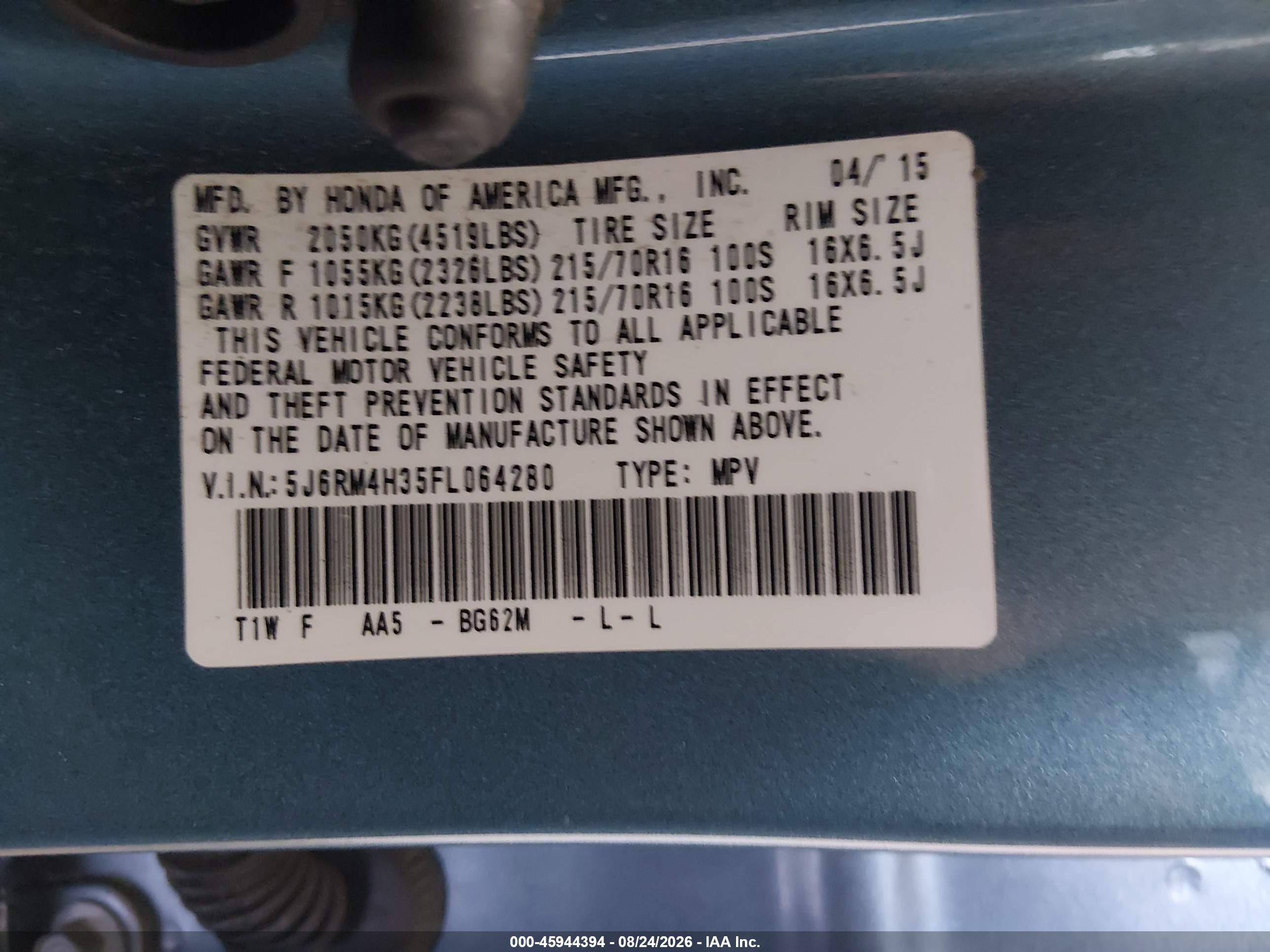 2015 Honda Cr-v Lx Blue vin: 5J6RM4H35FL064280