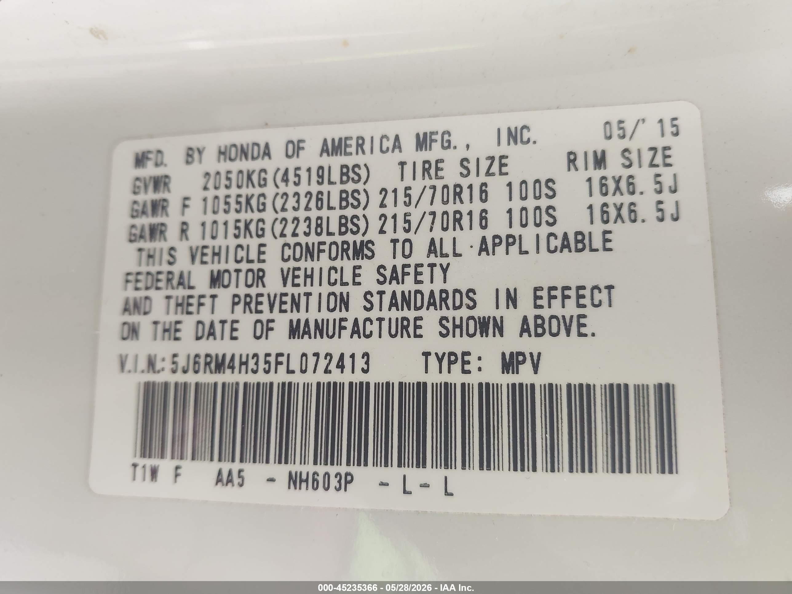 2015 Honda Cr-v Lx White vin: 5J6RM4H35FL072413