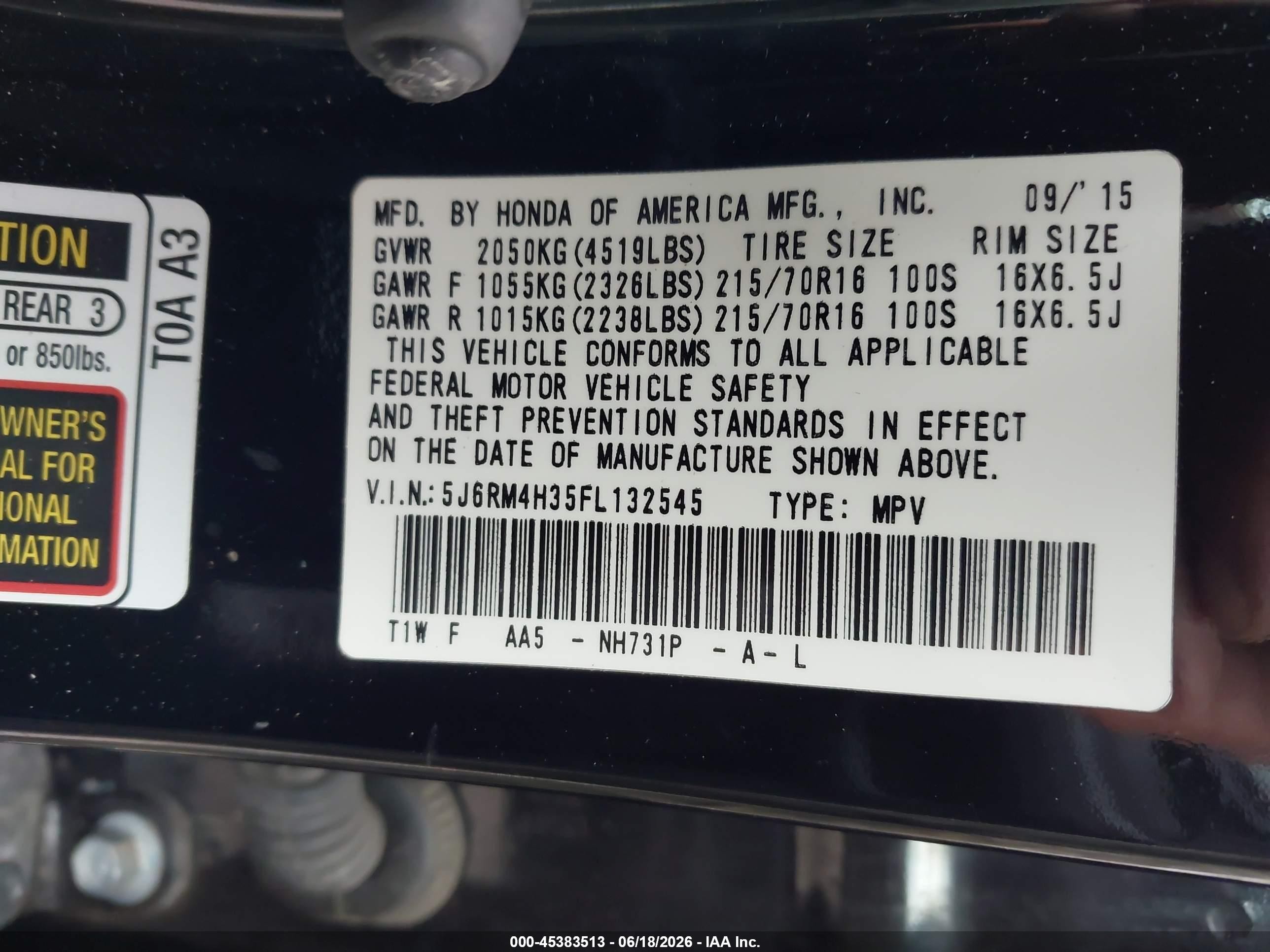 2015 Honda Cr-v Lx Black vin: 5J6RM4H35FL132545