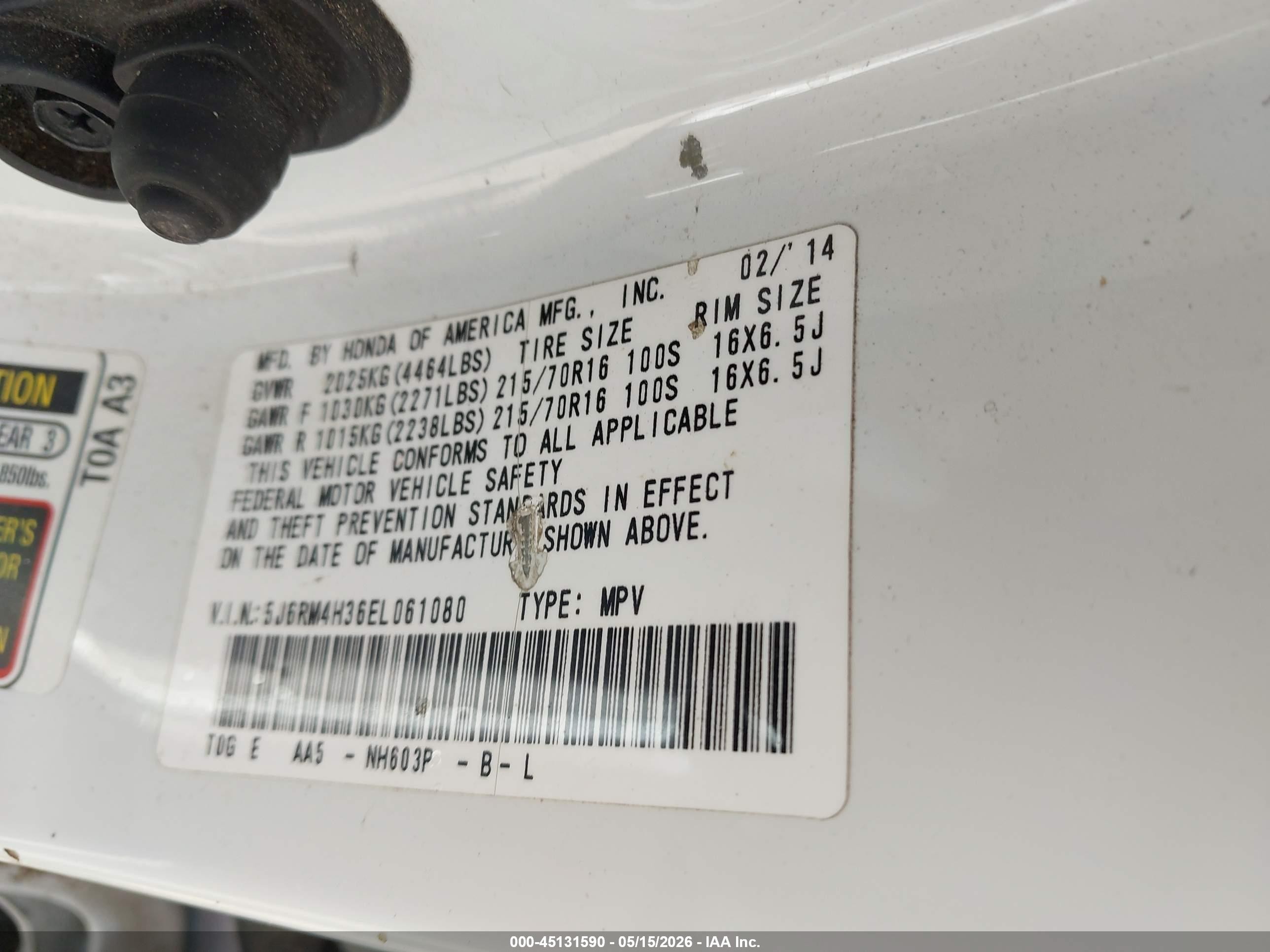 2014 Honda Cr-v Lx White vin: 5J6RM4H36EL061080