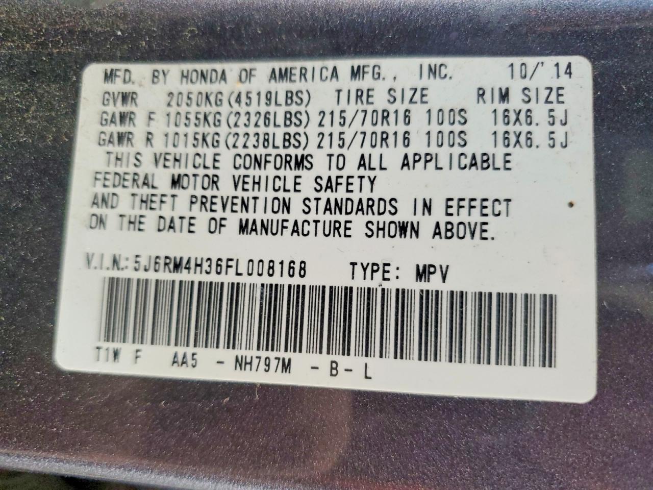 2015 Honda Cr-v Lx Gray vin: 5J6RM4H36FL008168