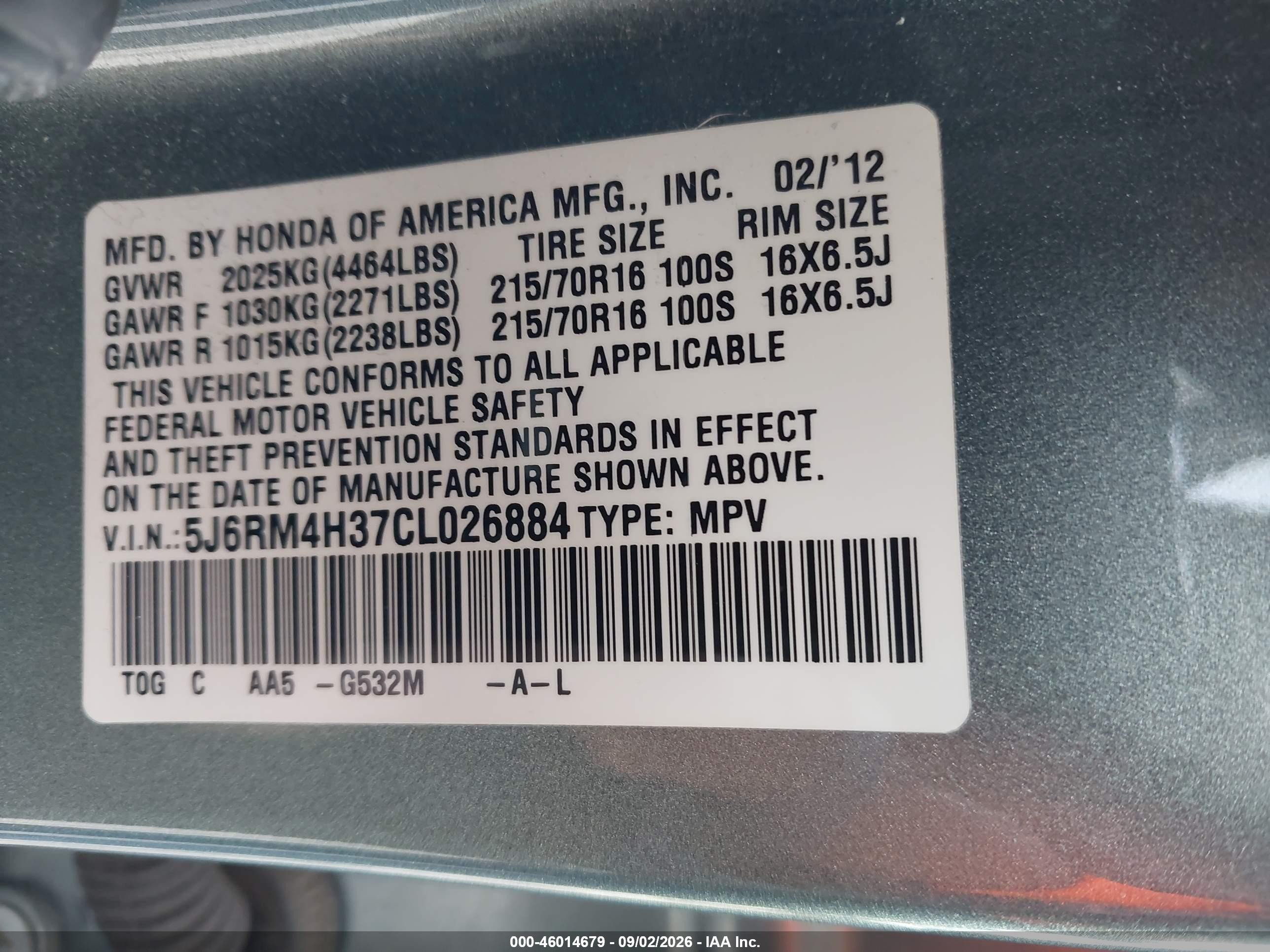 2012 Honda Cr-v Lx Green vin: 5J6RM4H37CL026884