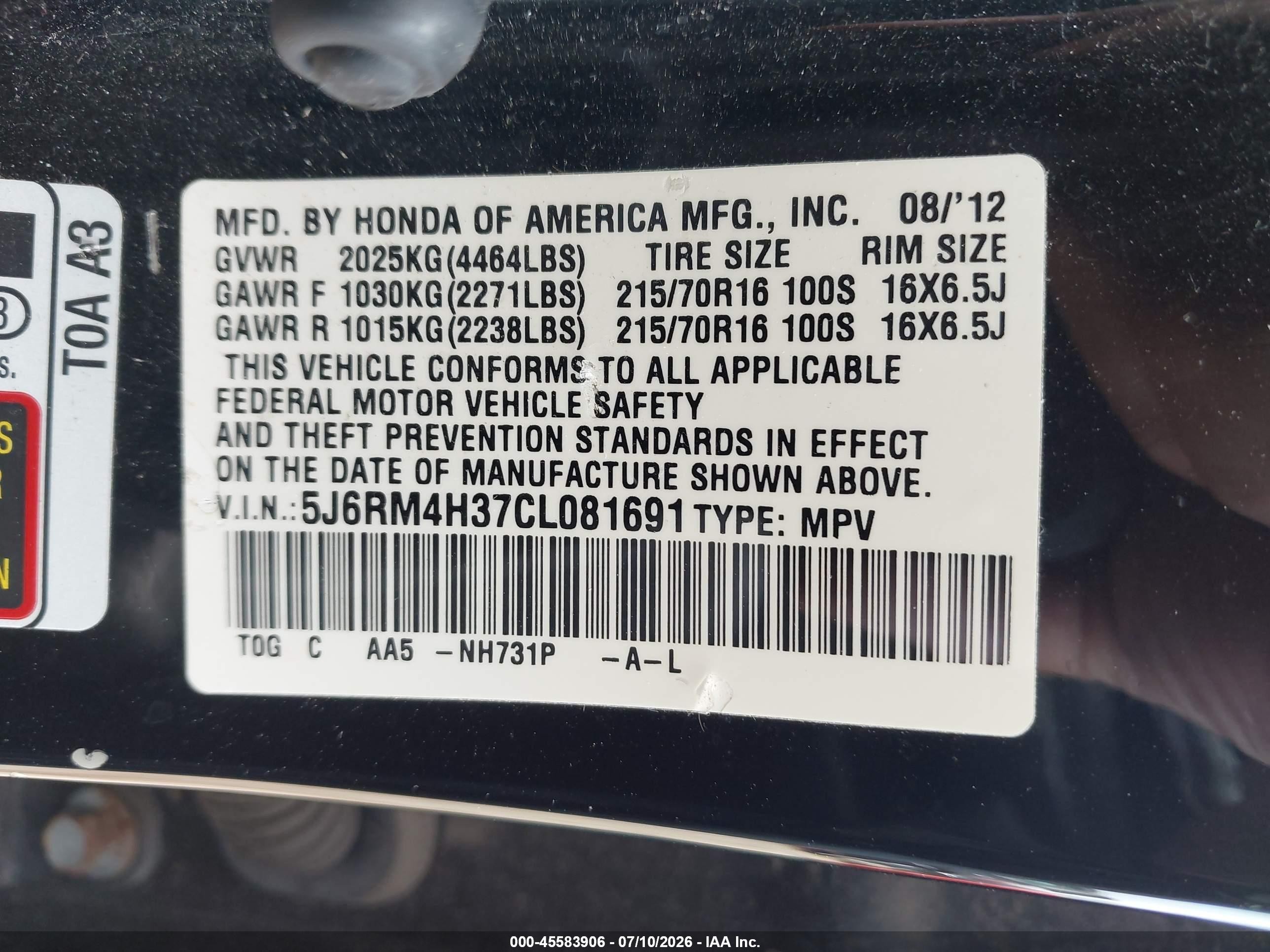 2012 Honda Cr-v Lx Black vin: 5J6RM4H37CL081691