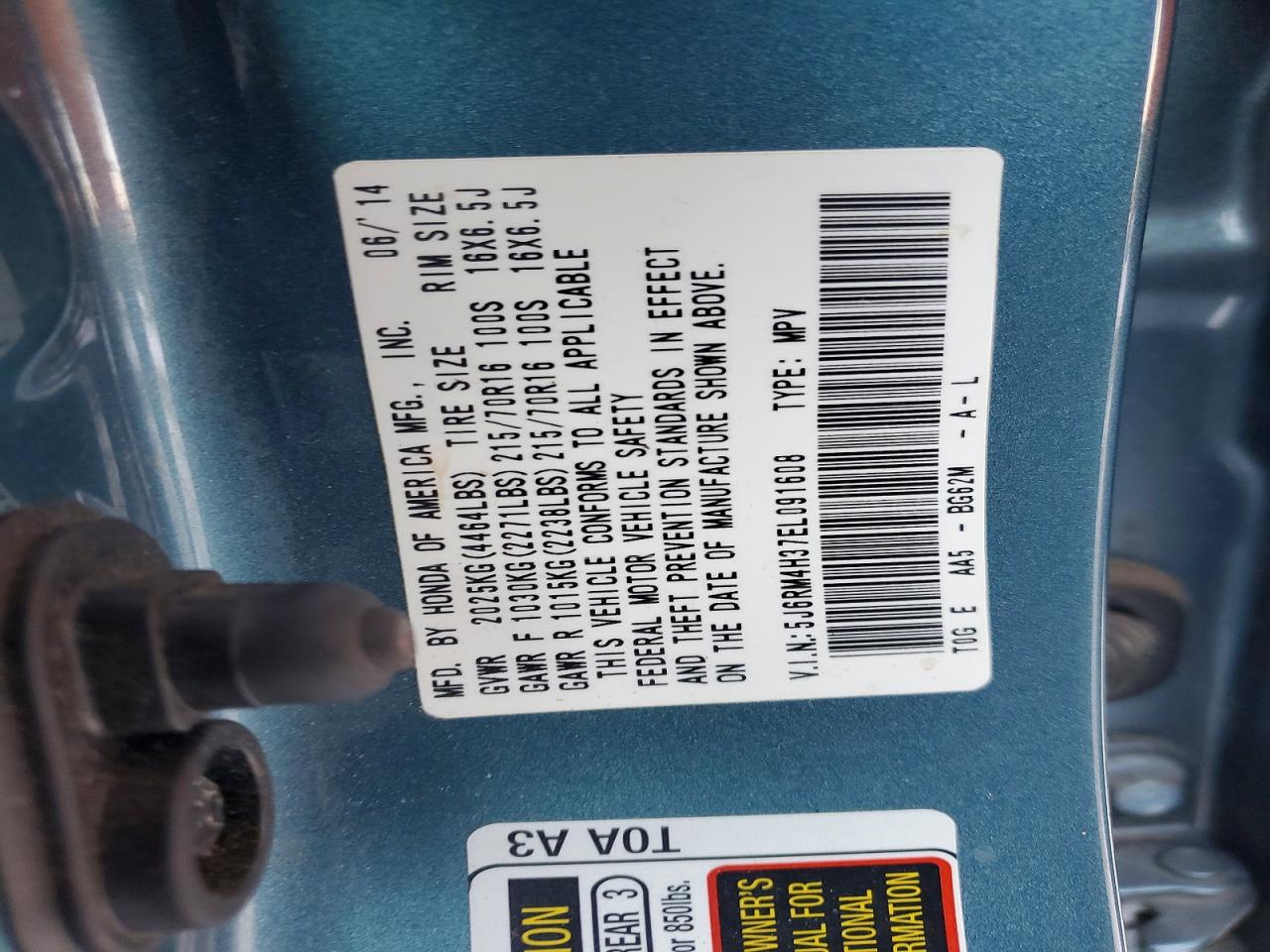 2014 Honda Cr-v Lx Blue vin: 5J6RM4H37EL091608