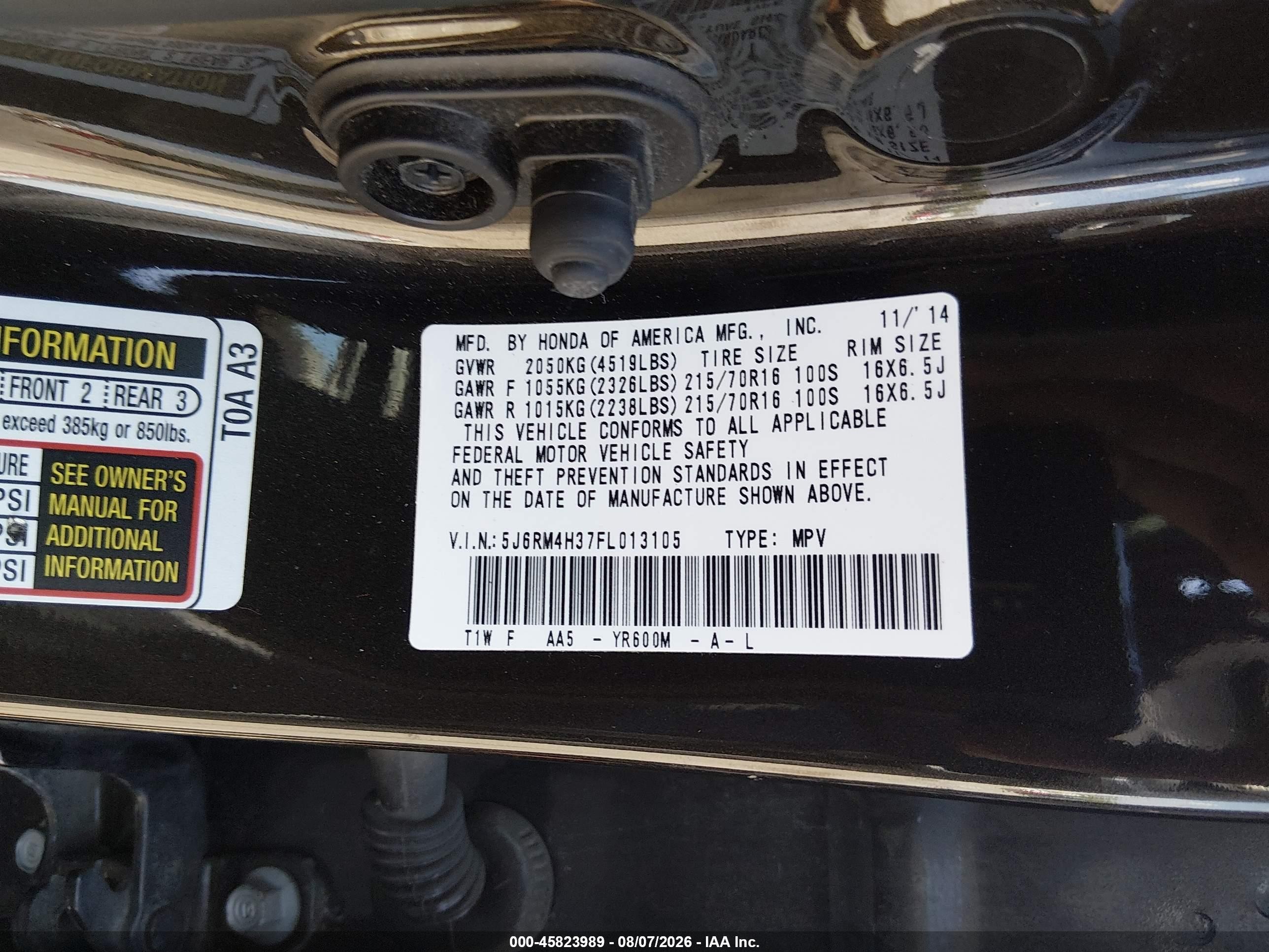 2015 Honda Cr-v Lx Black vin: 5J6RM4H37FL013105