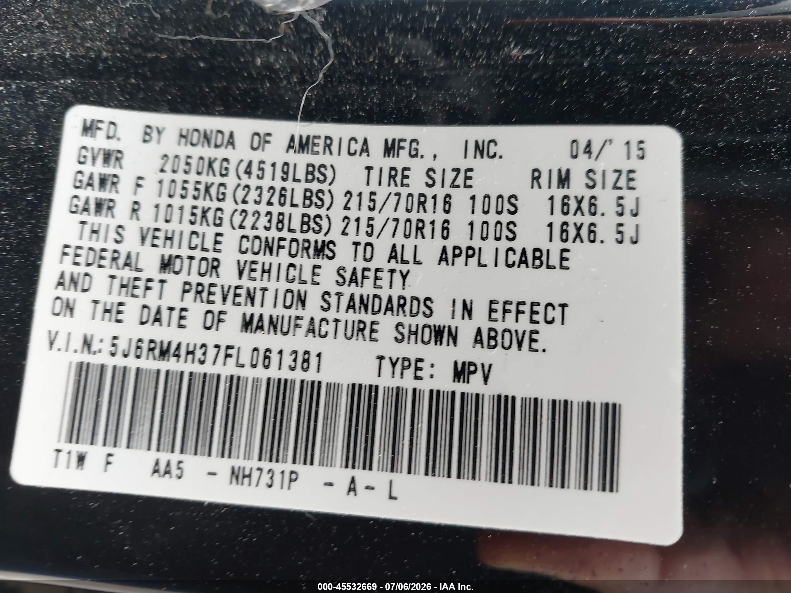 2015 Honda Cr-v Lx Черный vin: 5J6RM4H37FL061381
