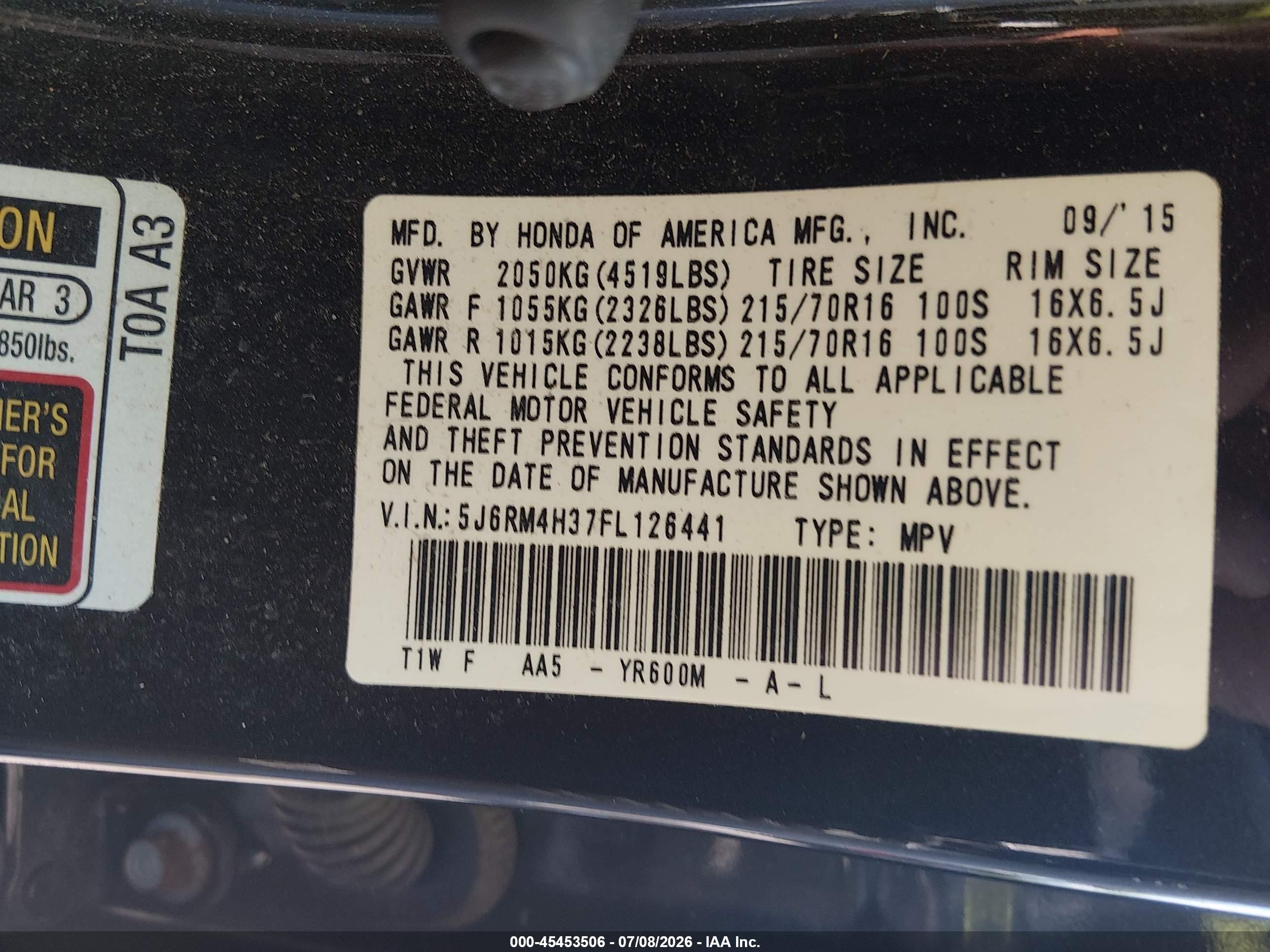 2015 Honda Cr-v Lx Black vin: 5J6RM4H37FL126441