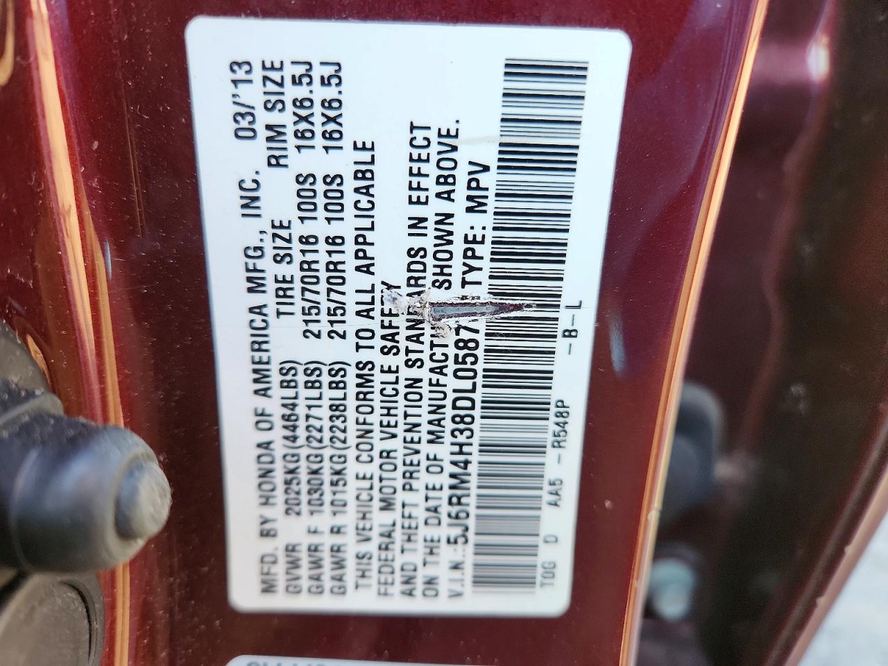 2013 Honda Cr-v Lx Burgundy vin: 5J6RM4H38DL058731