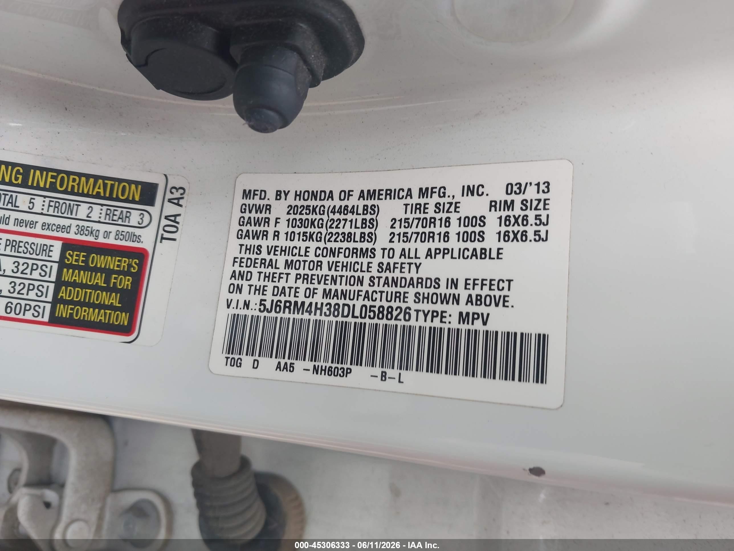 2013 Honda Cr-v Lx White vin: 5J6RM4H38DL058826