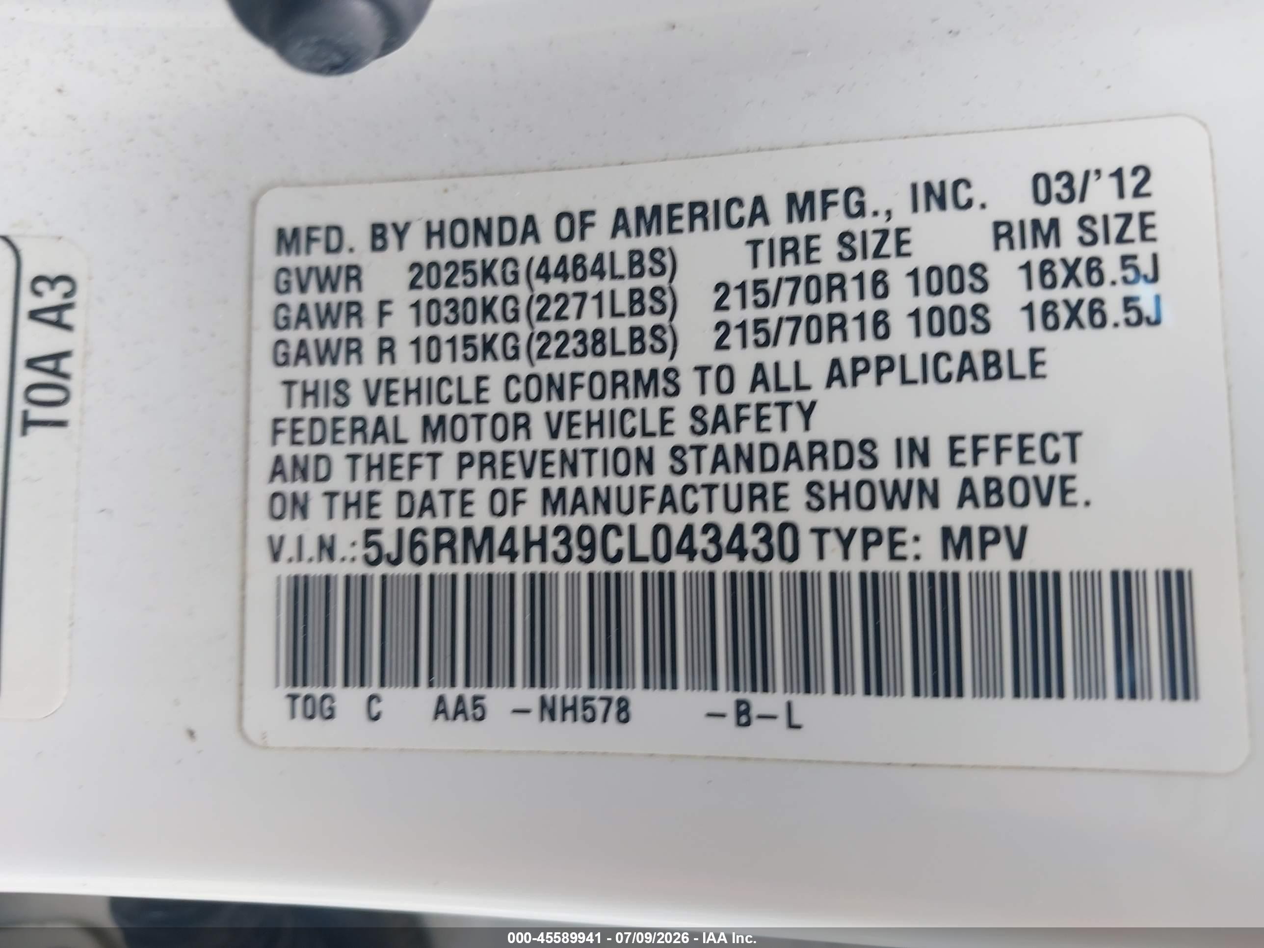 2012 Honda Cr-v Lx White vin: 5J6RM4H39CL043430