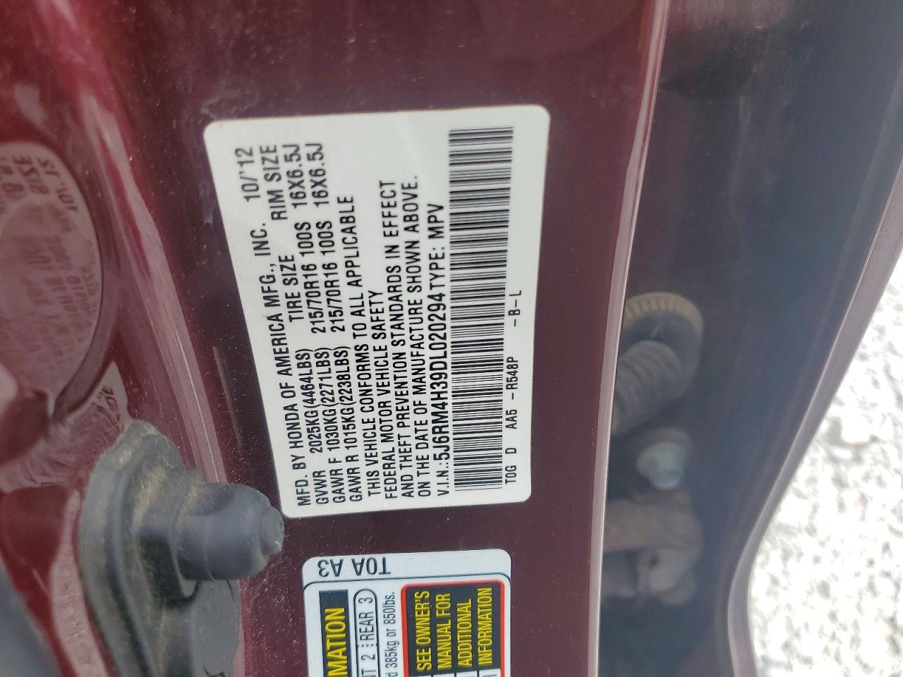 2013 Honda Cr-v Lx Maroon vin: 5J6RM4H39DL020294