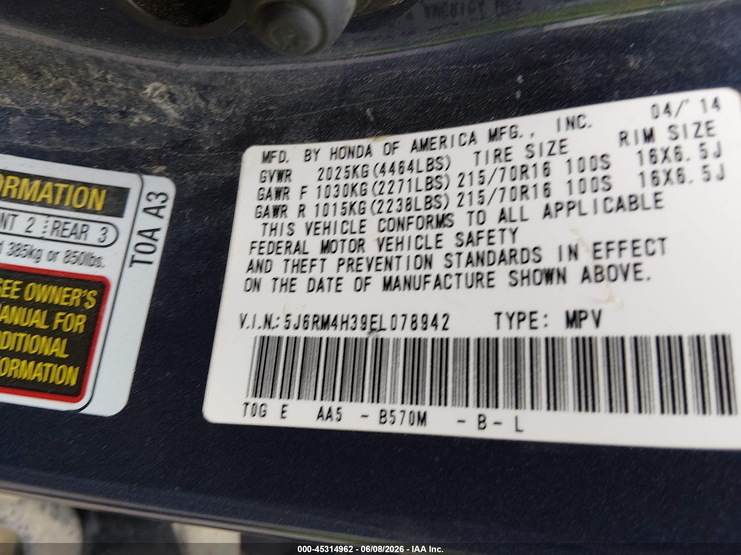 2014 Honda Cr-v Lx Blue vin: 5J6RM4H39EL078942