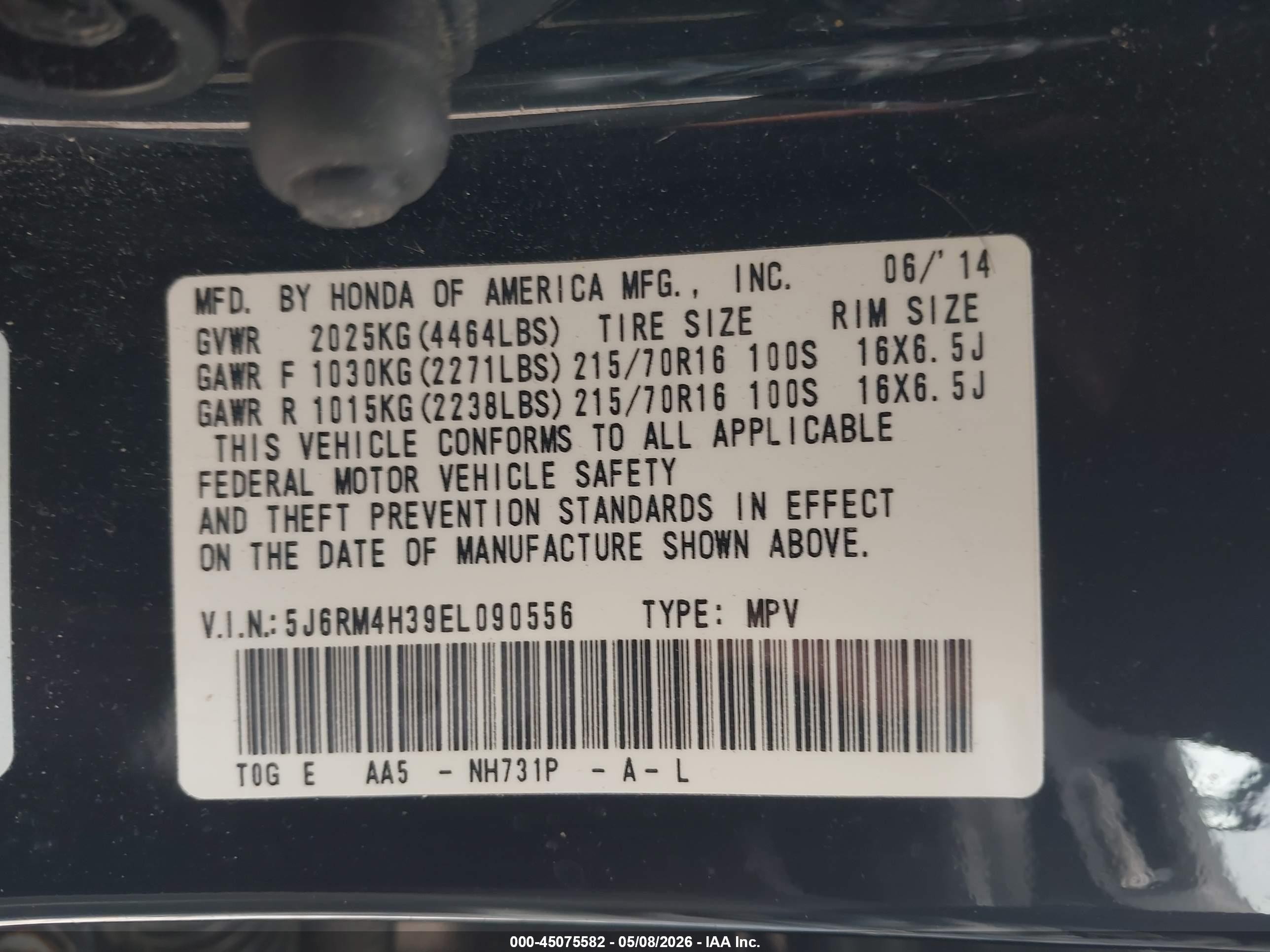 2014 Honda Cr-v Lx Black vin: 5J6RM4H39EL090556