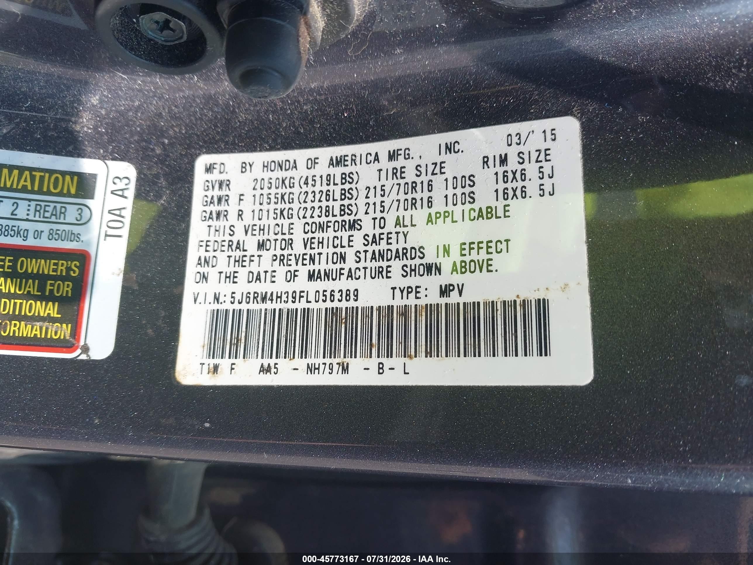 2015 Honda Cr-v Lx Gray vin: 5J6RM4H39FL056389