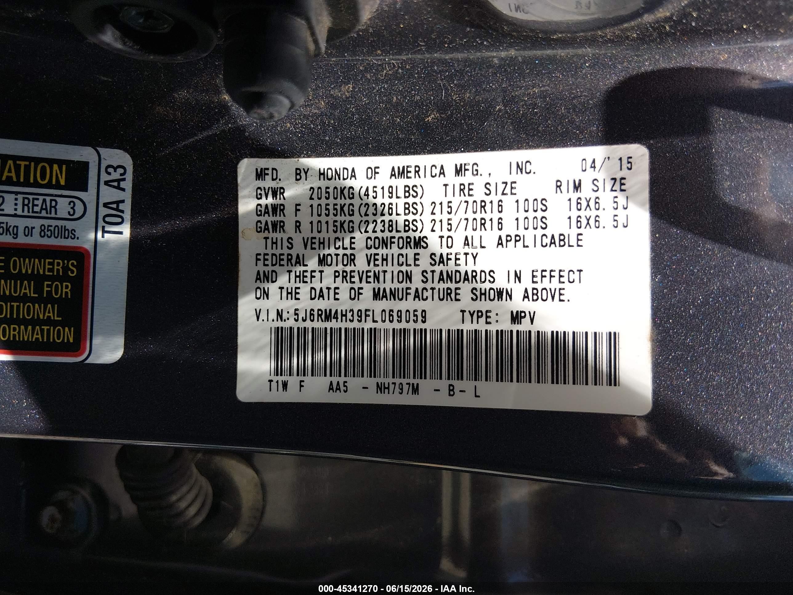 2015 Honda Cr-v Lx Silver vin: 5J6RM4H39FL069059