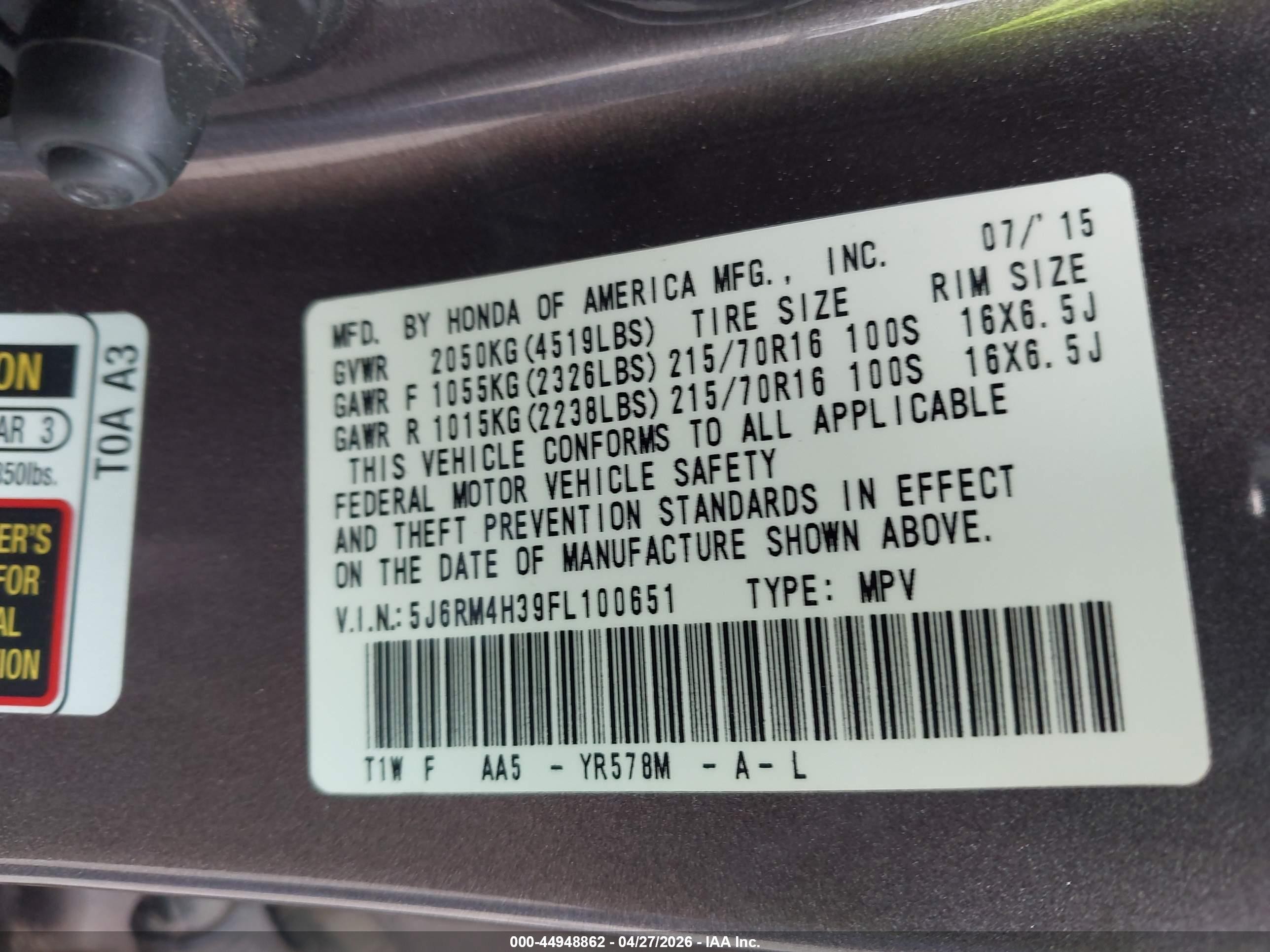 2015 Honda Cr-v Lx Brown vin: 5J6RM4H39FL100651