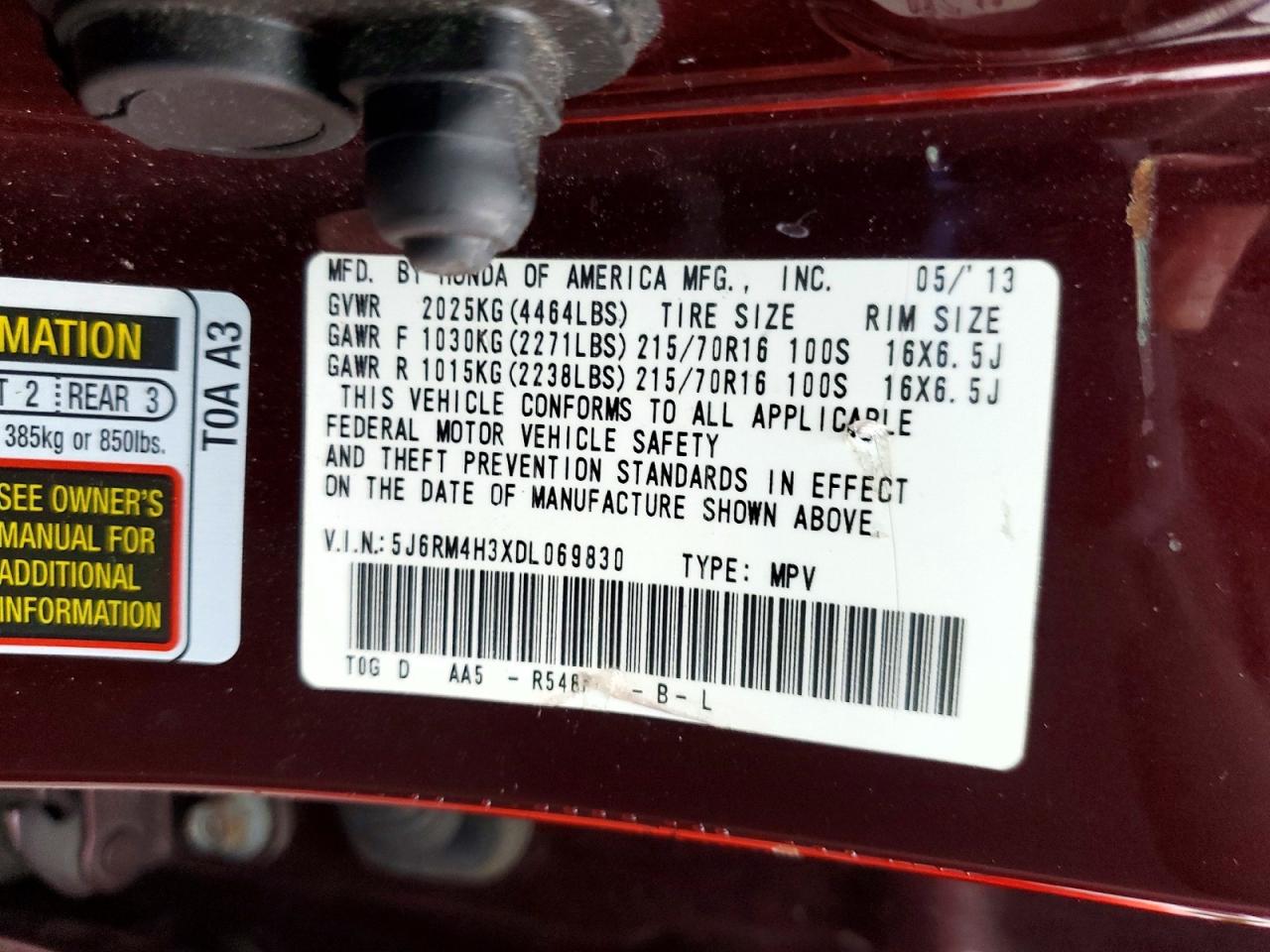 2013 Honda Cr-v Lx Burgundy vin: 5J6RM4H3XDL069830