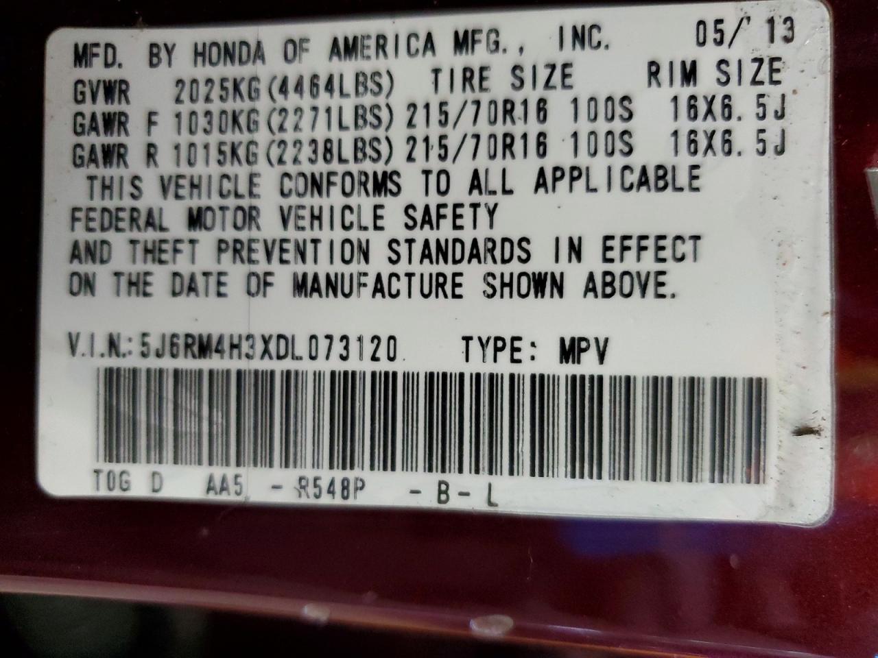 2013 Honda Cr-v Lx Burgundy vin: 5J6RM4H3XDL073120