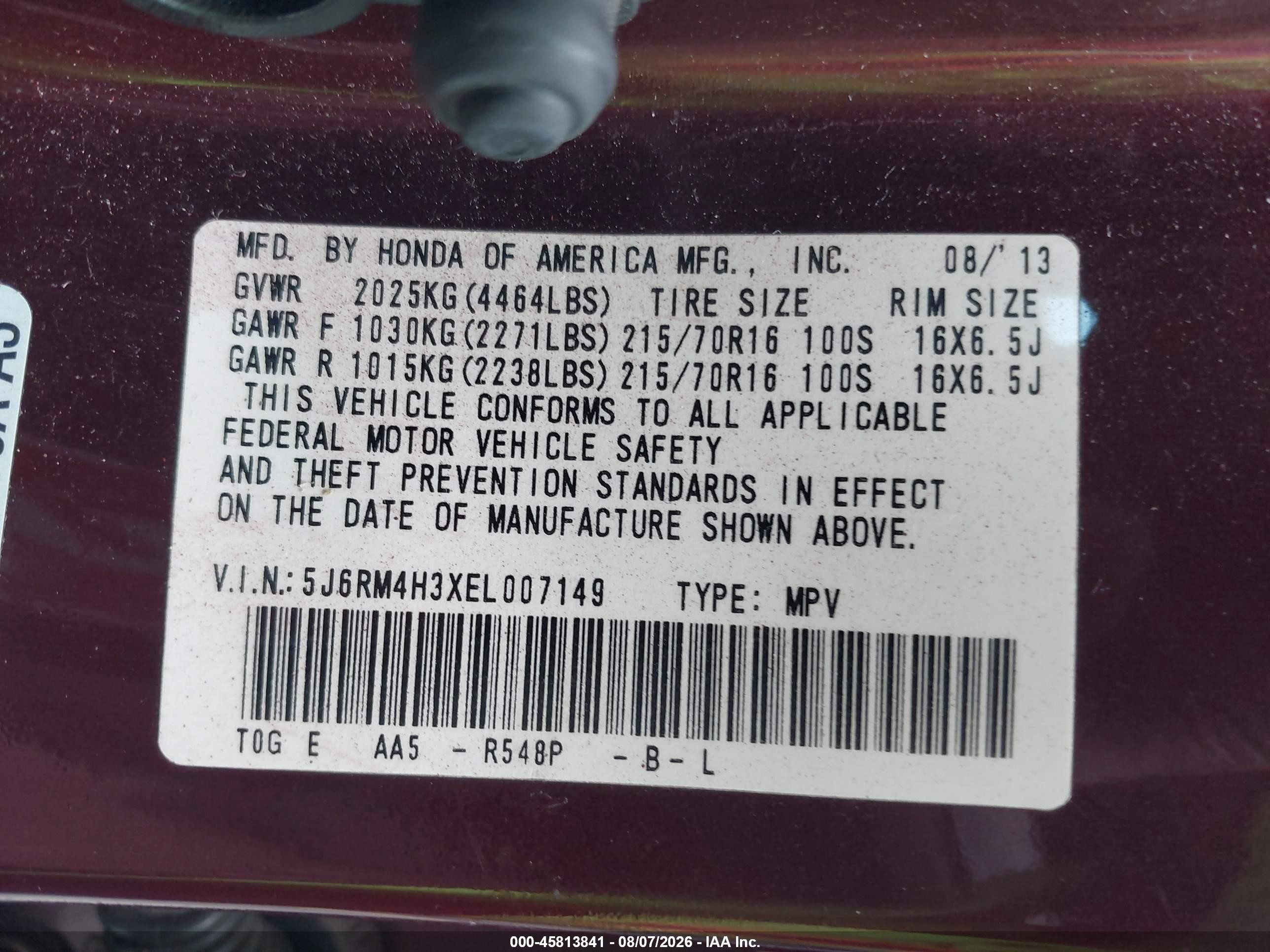 2014 Honda Cr-v Lx Burgundy vin: 5J6RM4H3XEL007149