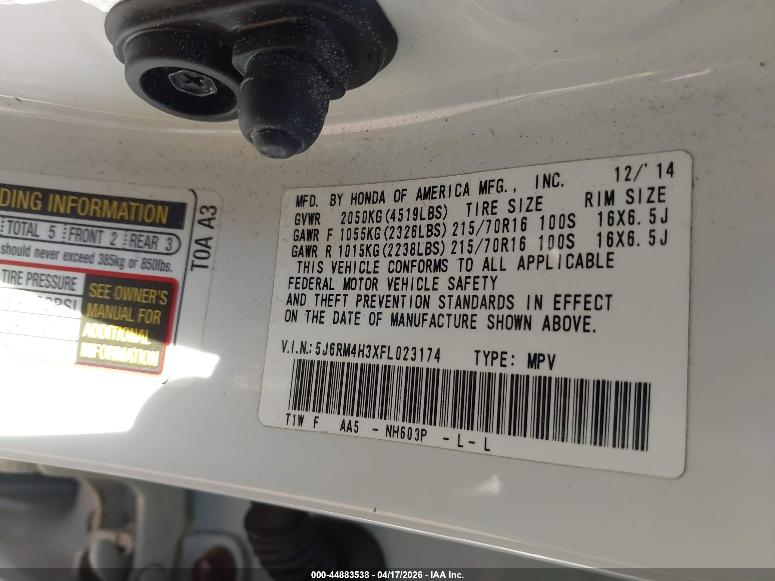 2015 Honda Cr-v Lx White vin: 5J6RM4H3XFL023174