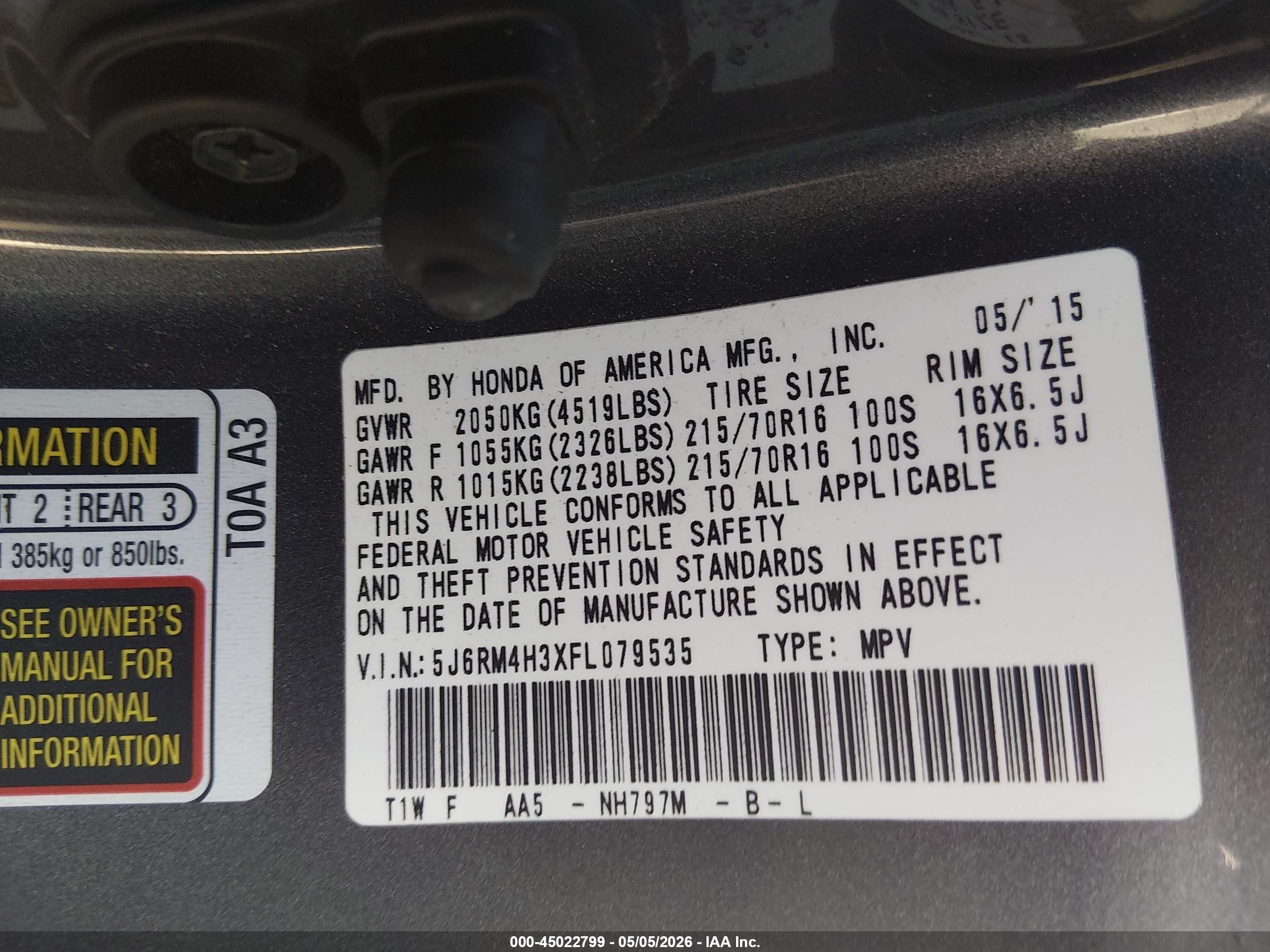2015 Honda Cr-v Lx Gray vin: 5J6RM4H3XFL079535