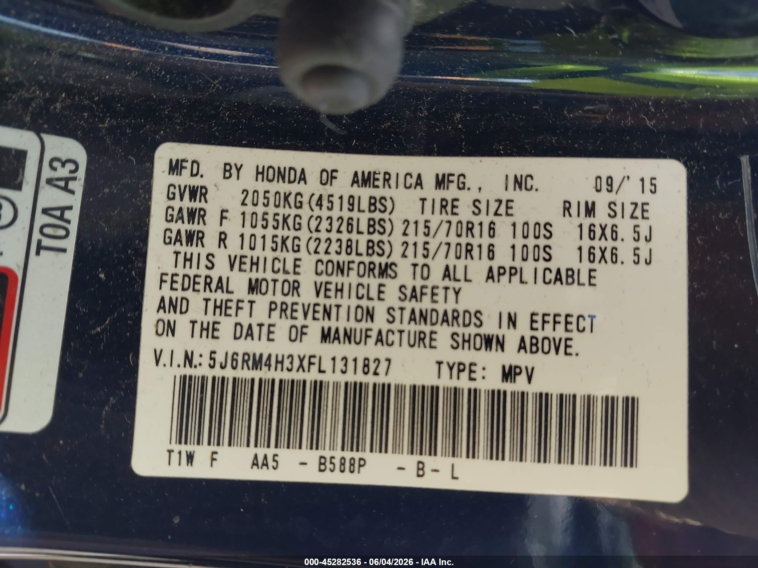 2015 Honda Cr-v Lx Blue vin: 5J6RM4H3XFL131827