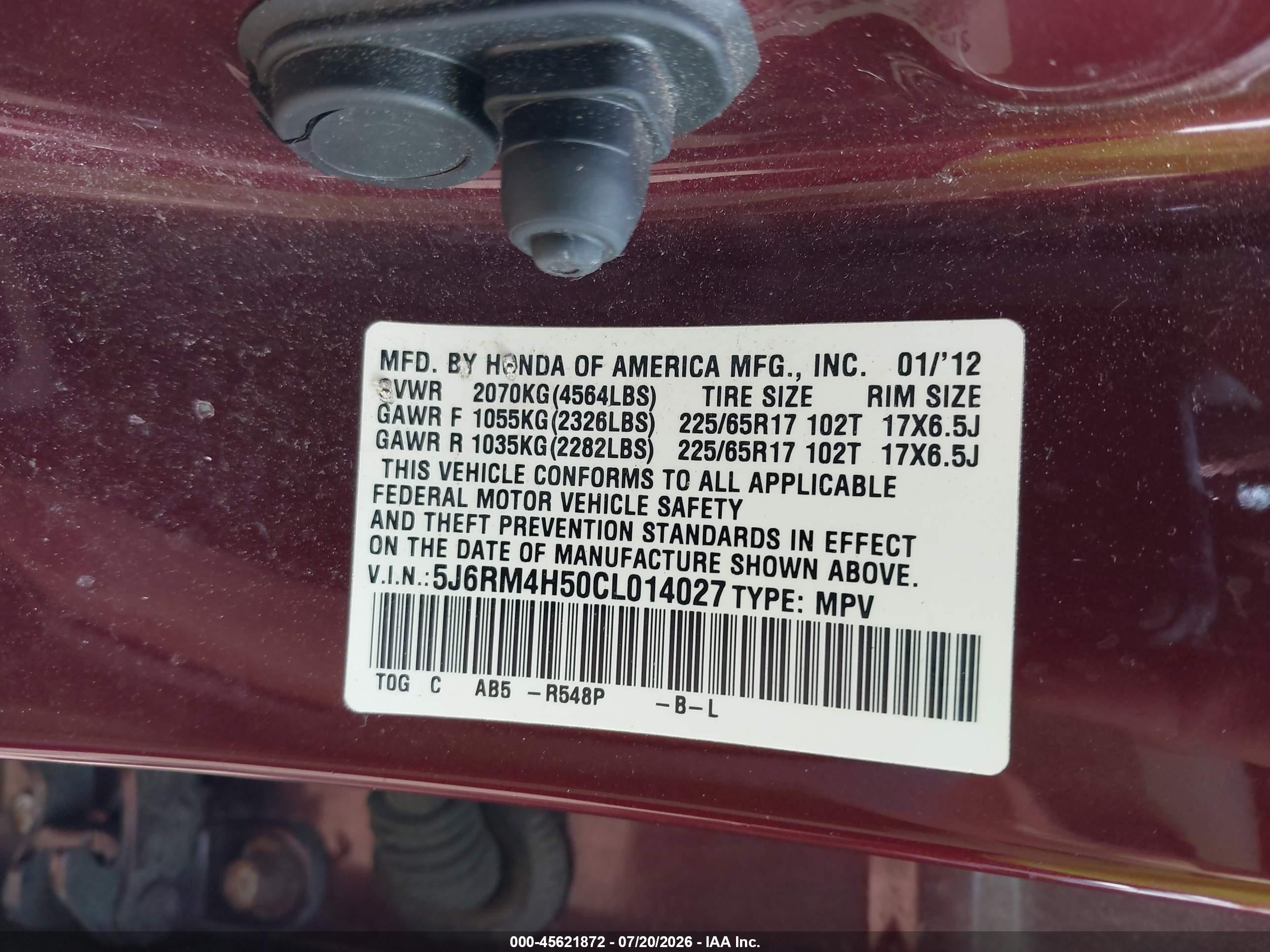 2012 Honda Cr-v Ex Maroon vin: 5J6RM4H50CL014027