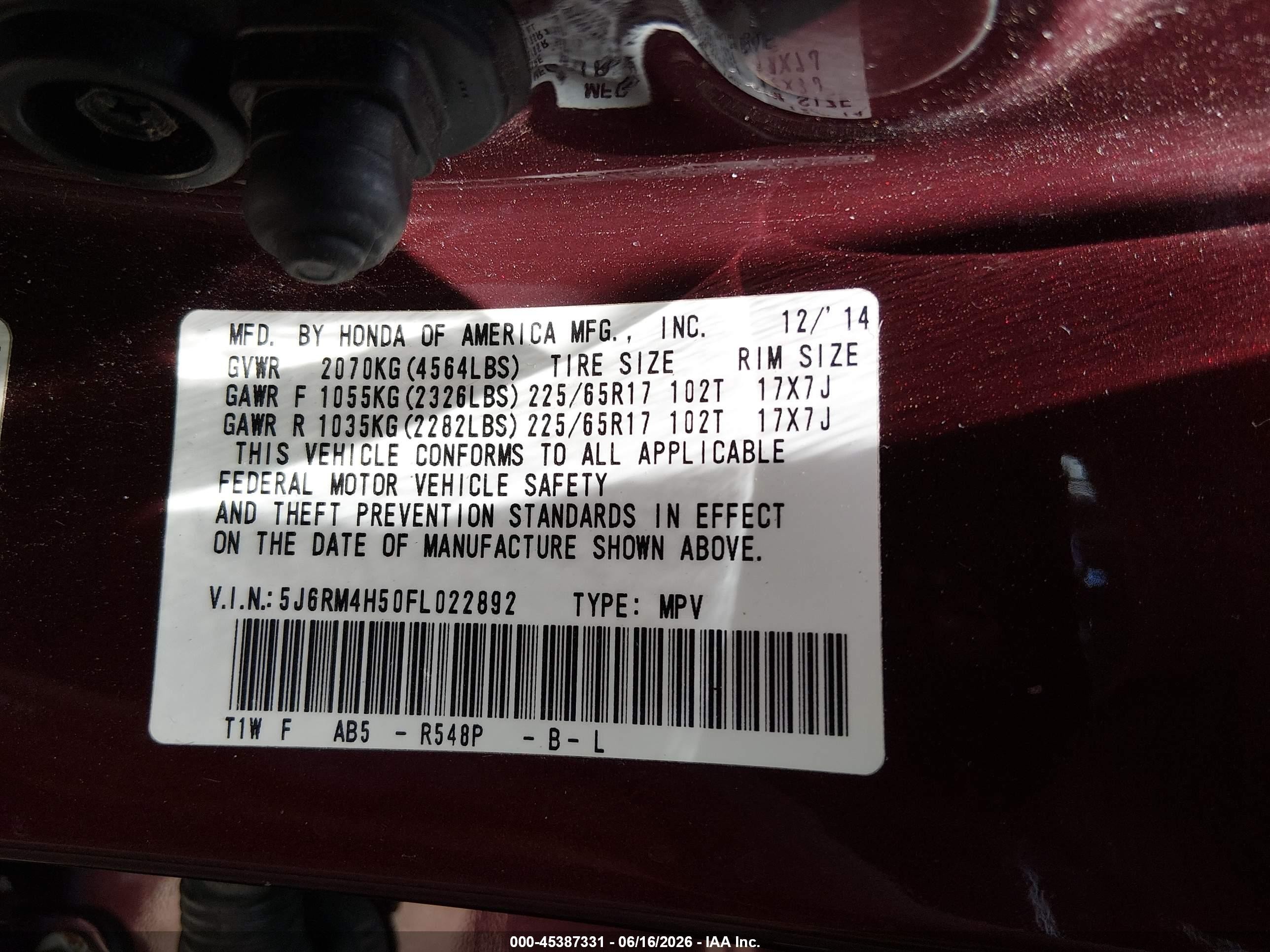 2015 Honda Cr-v Ex Burgundy vin: 5J6RM4H50FL022892