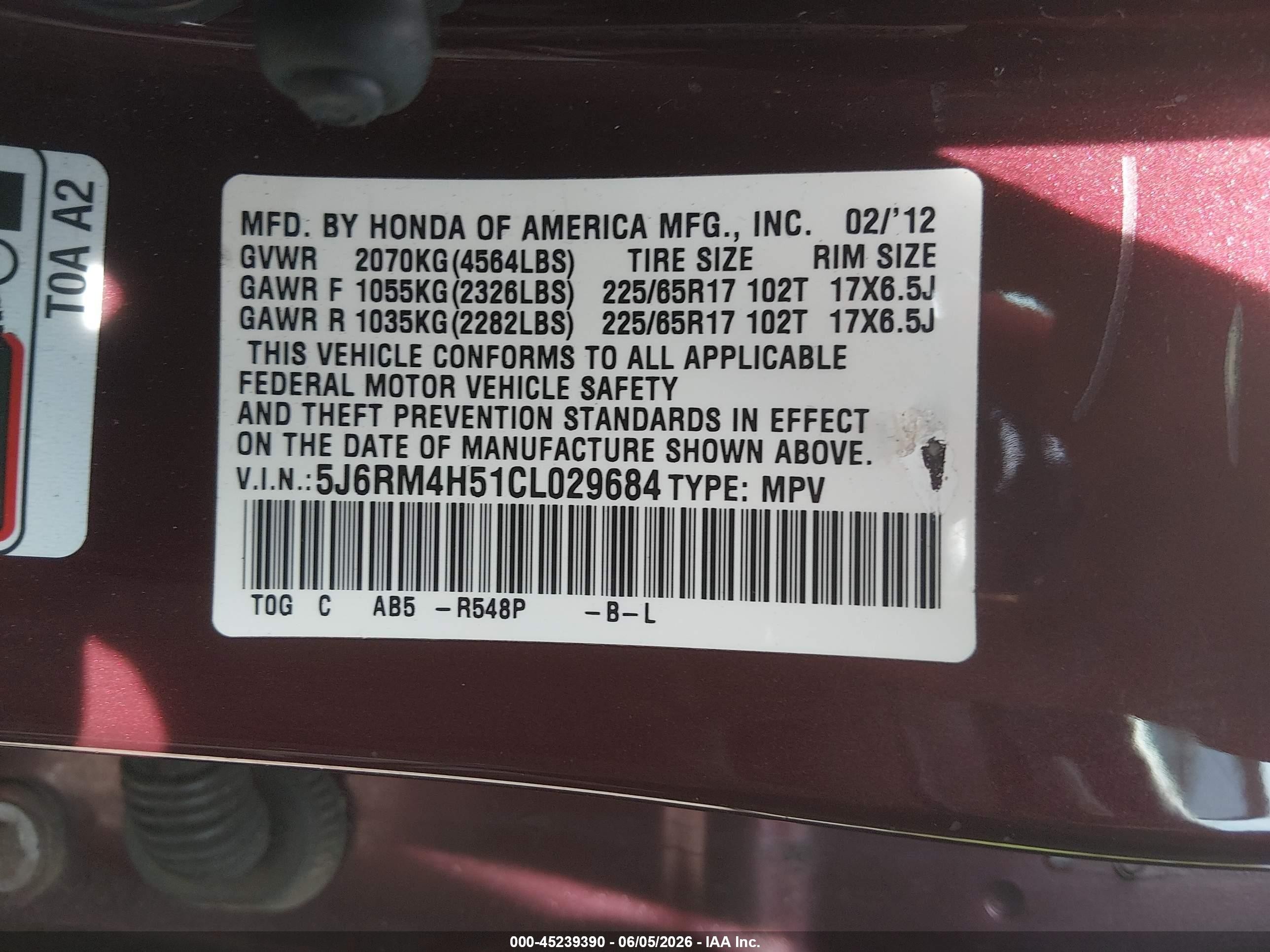 2012 Honda Cr-v Ex Red vin: 5J6RM4H51CL029684