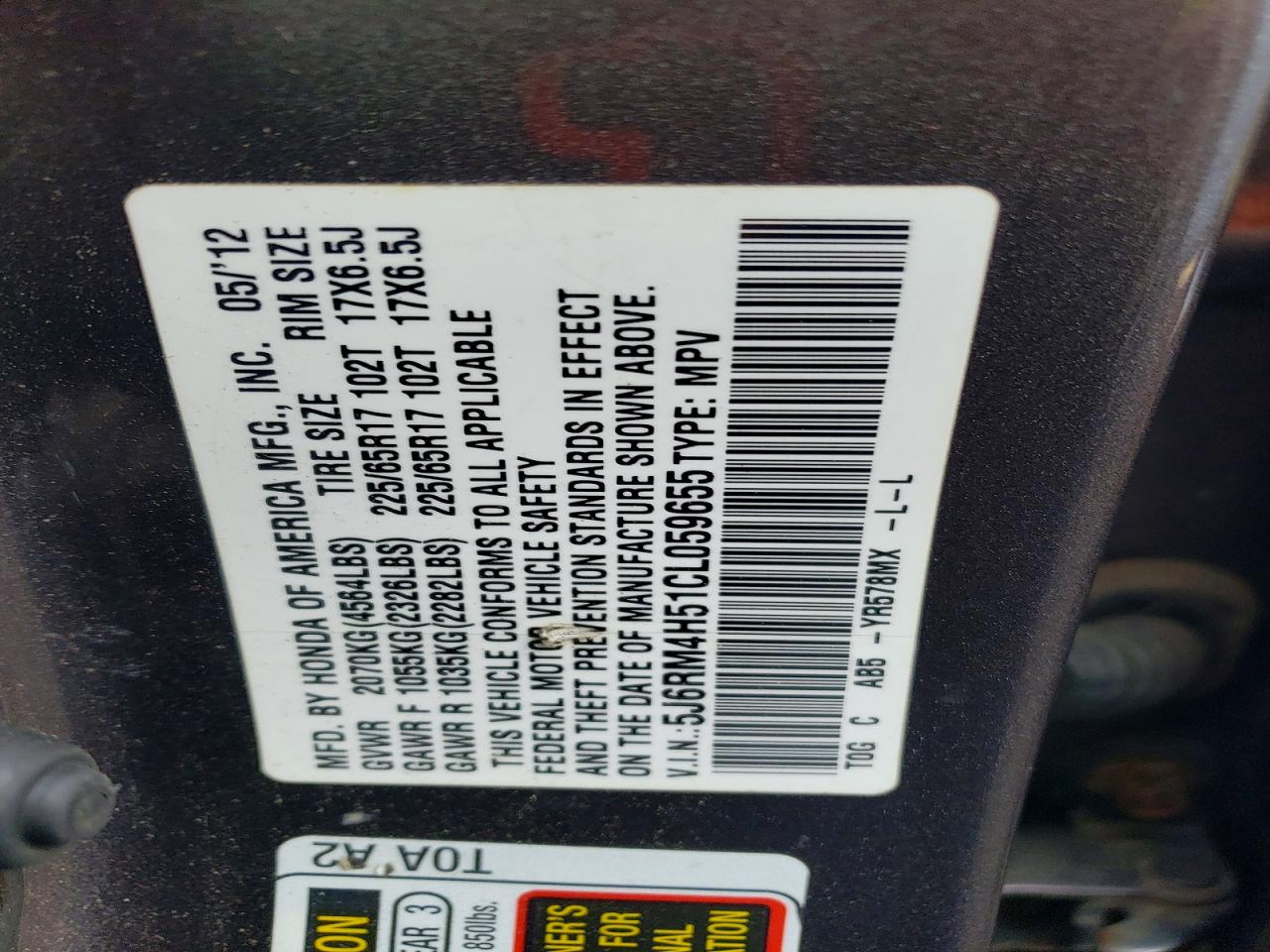 2012 Honda Cr-v Ex Charcoal vin: 5J6RM4H51CL059655