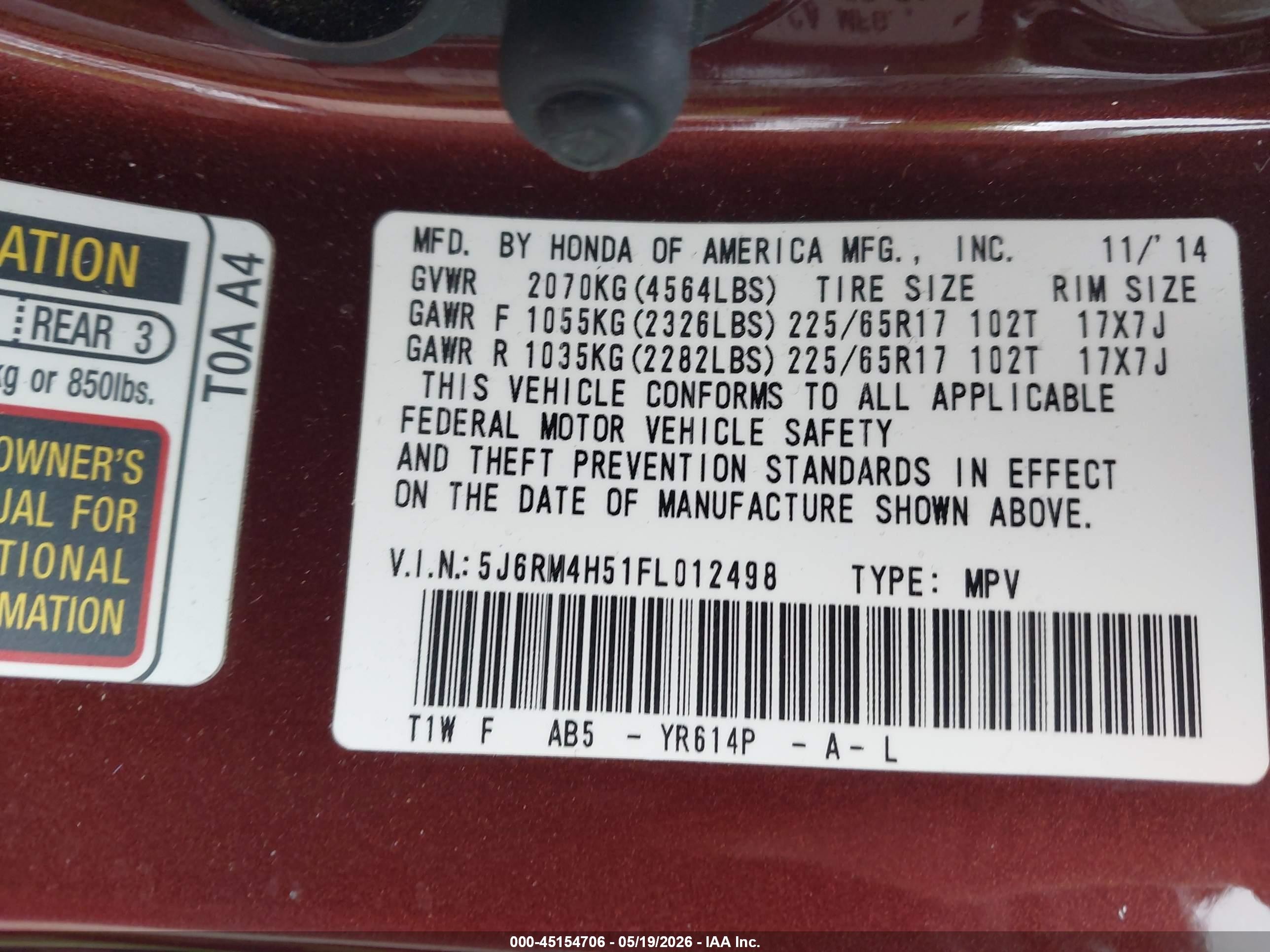 2015 Honda Cr-v Ex Red vin: 5J6RM4H51FL012498