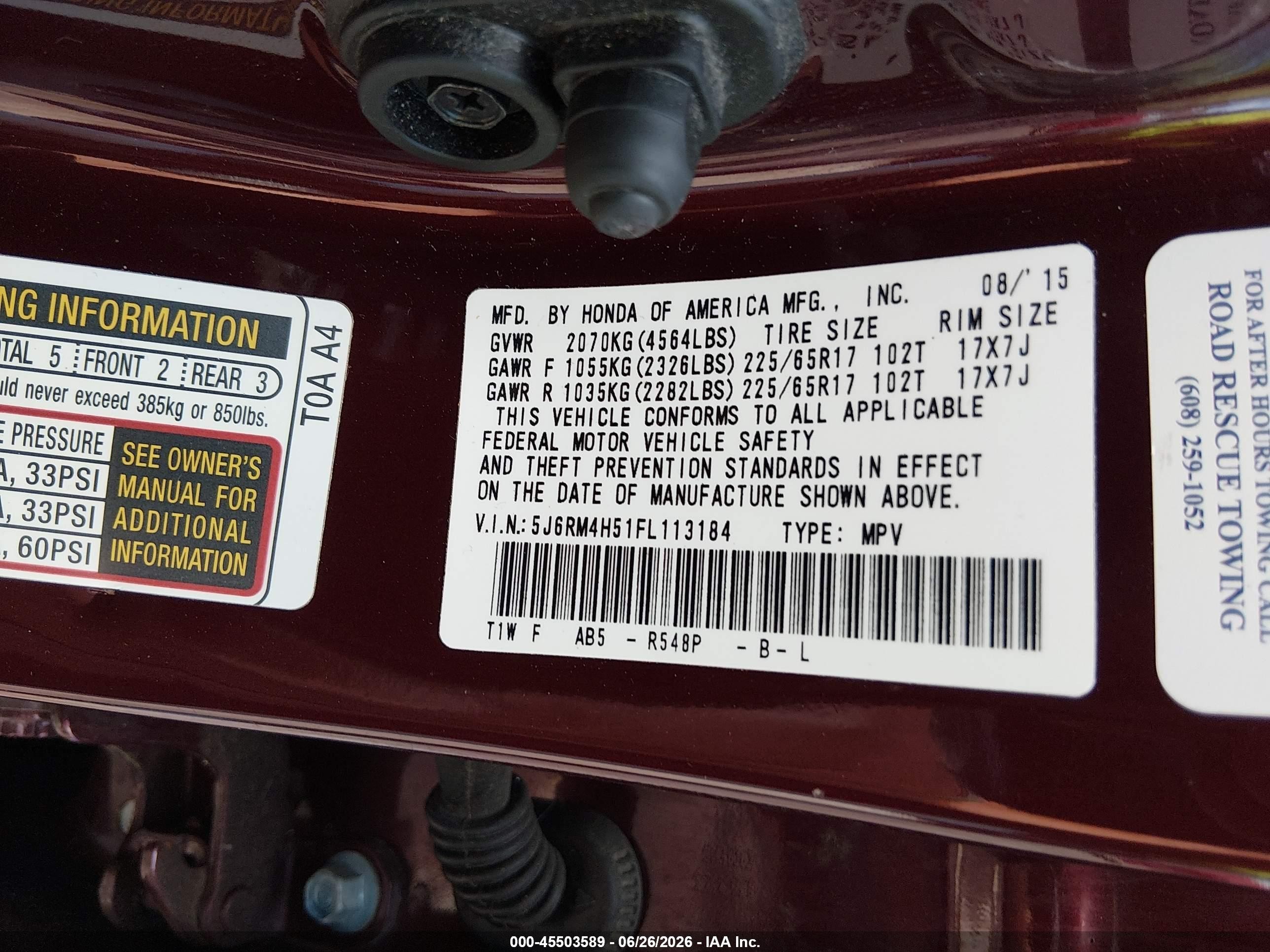 2015 Honda Cr-v Ex Burgundy vin: 5J6RM4H51FL113184
