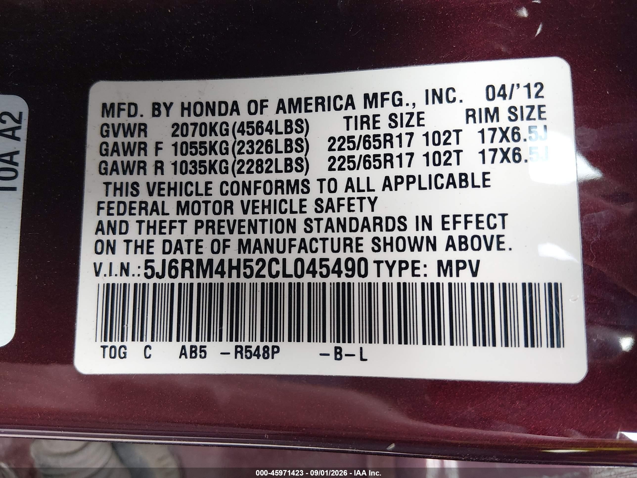 2012 Honda Cr-v Ex Burgundy vin: 5J6RM4H52CL045490