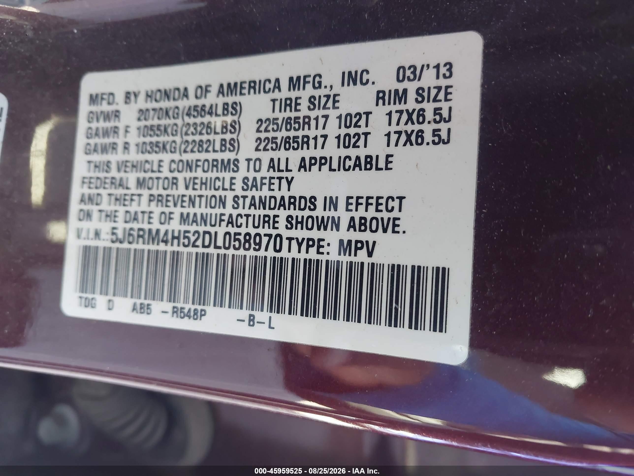 2013 Honda Cr-v Ex Burgundy vin: 5J6RM4H52DL058970