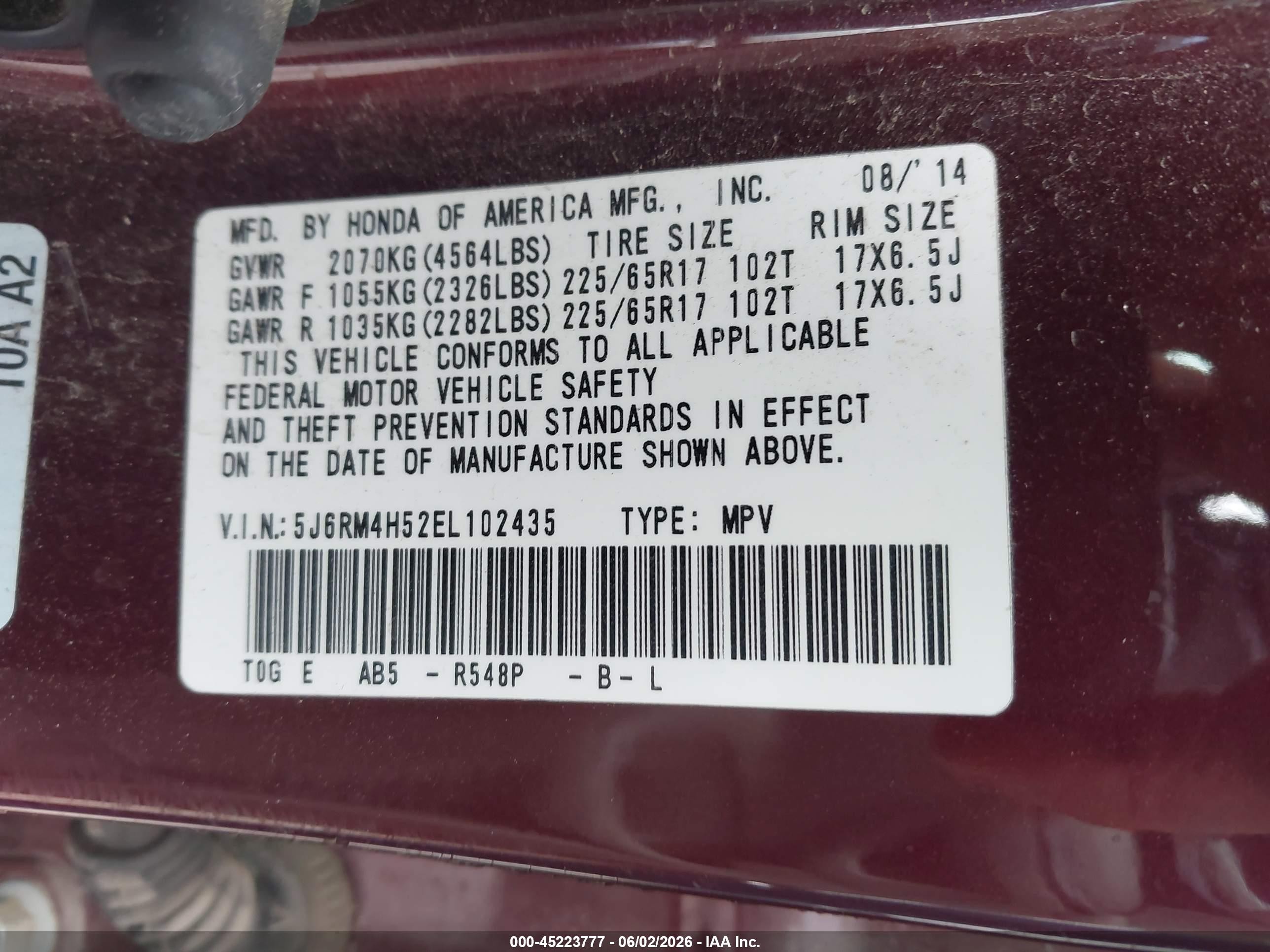 2014 Honda Cr-v Ex Maroon vin: 5J6RM4H52EL102435