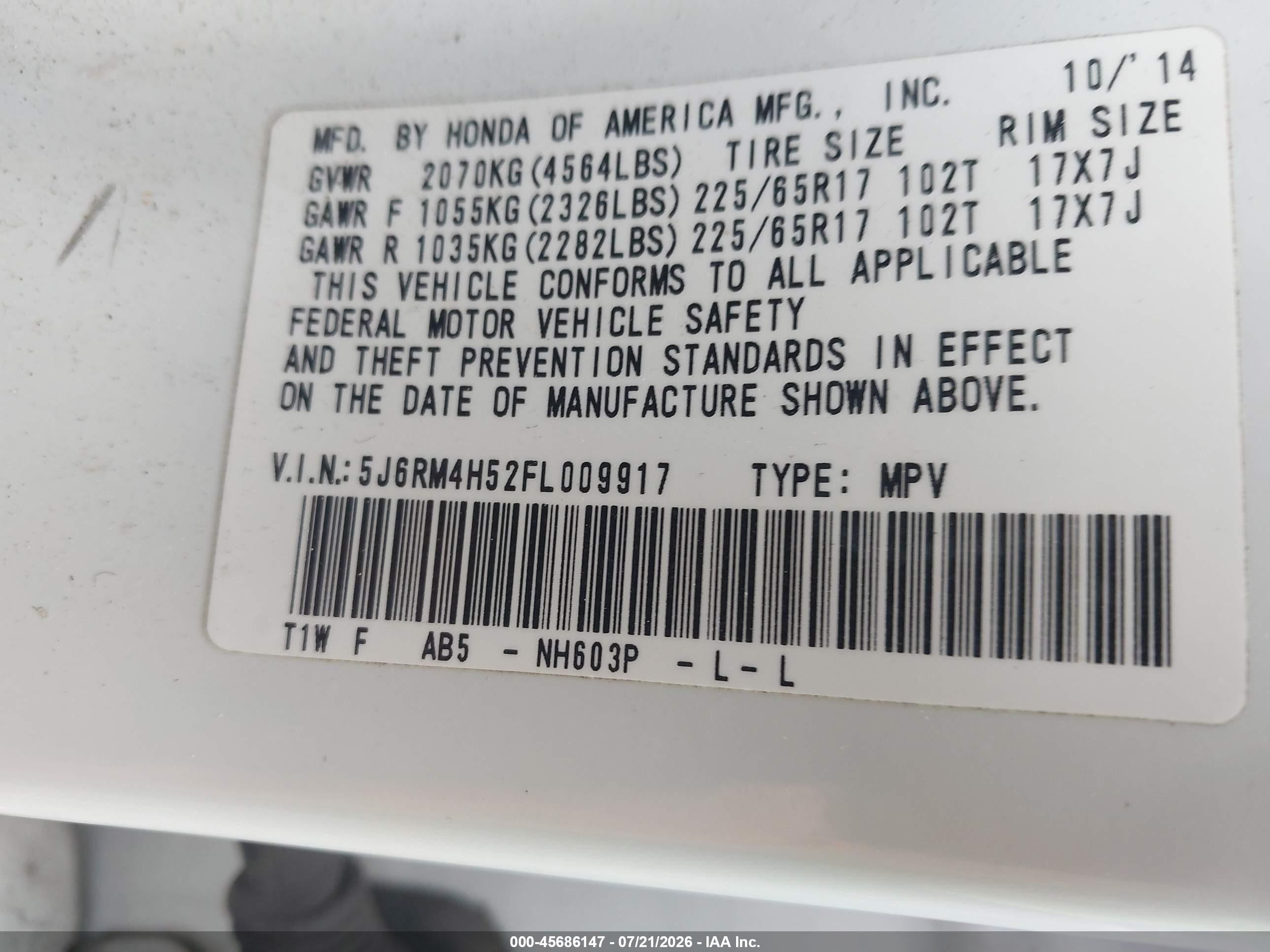 2015 Honda Cr-v Ex White vin: 5J6RM4H52FL009917
