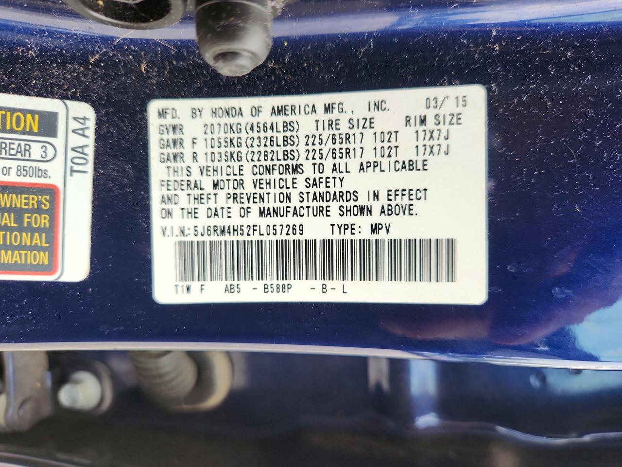 2015 Honda Cr-v Ex Blue vin: 5J6RM4H52FL057269