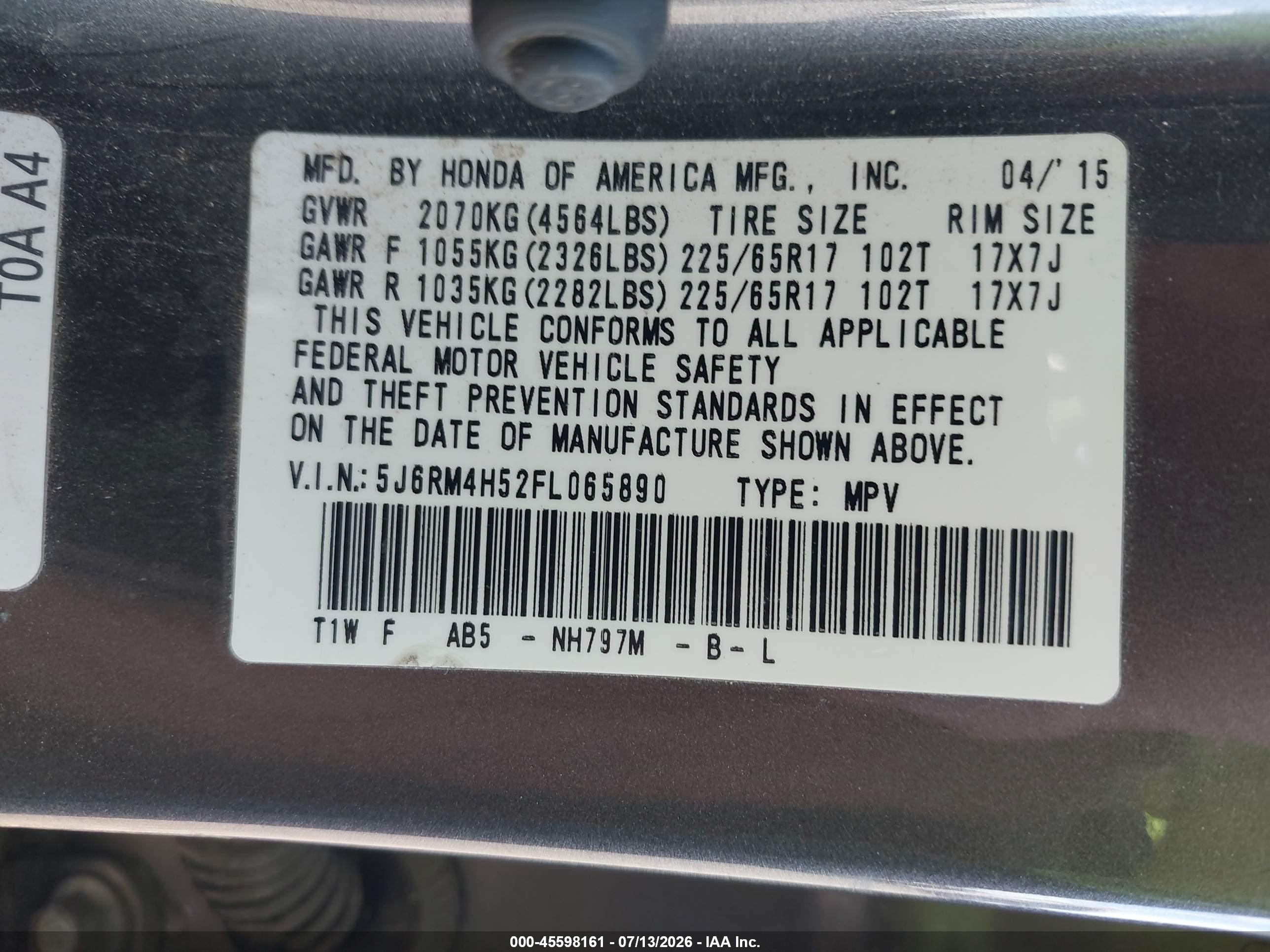 2015 Honda Cr-v Ex Gray vin: 5J6RM4H52FL065890