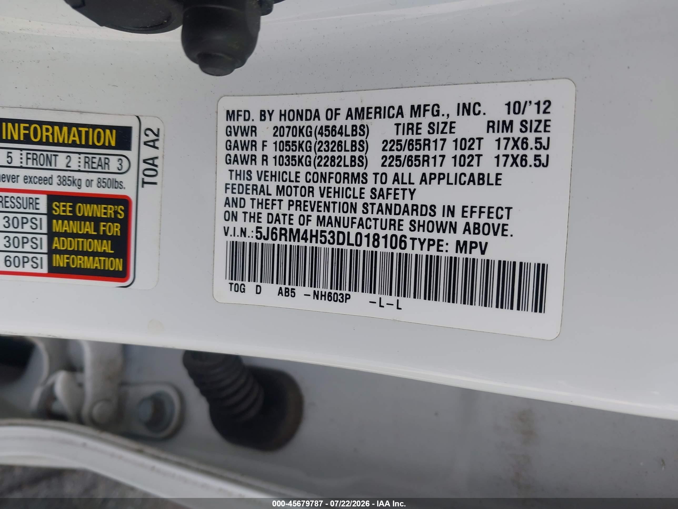 2013 Honda Cr-v Ex White vin: 5J6RM4H53DL018106