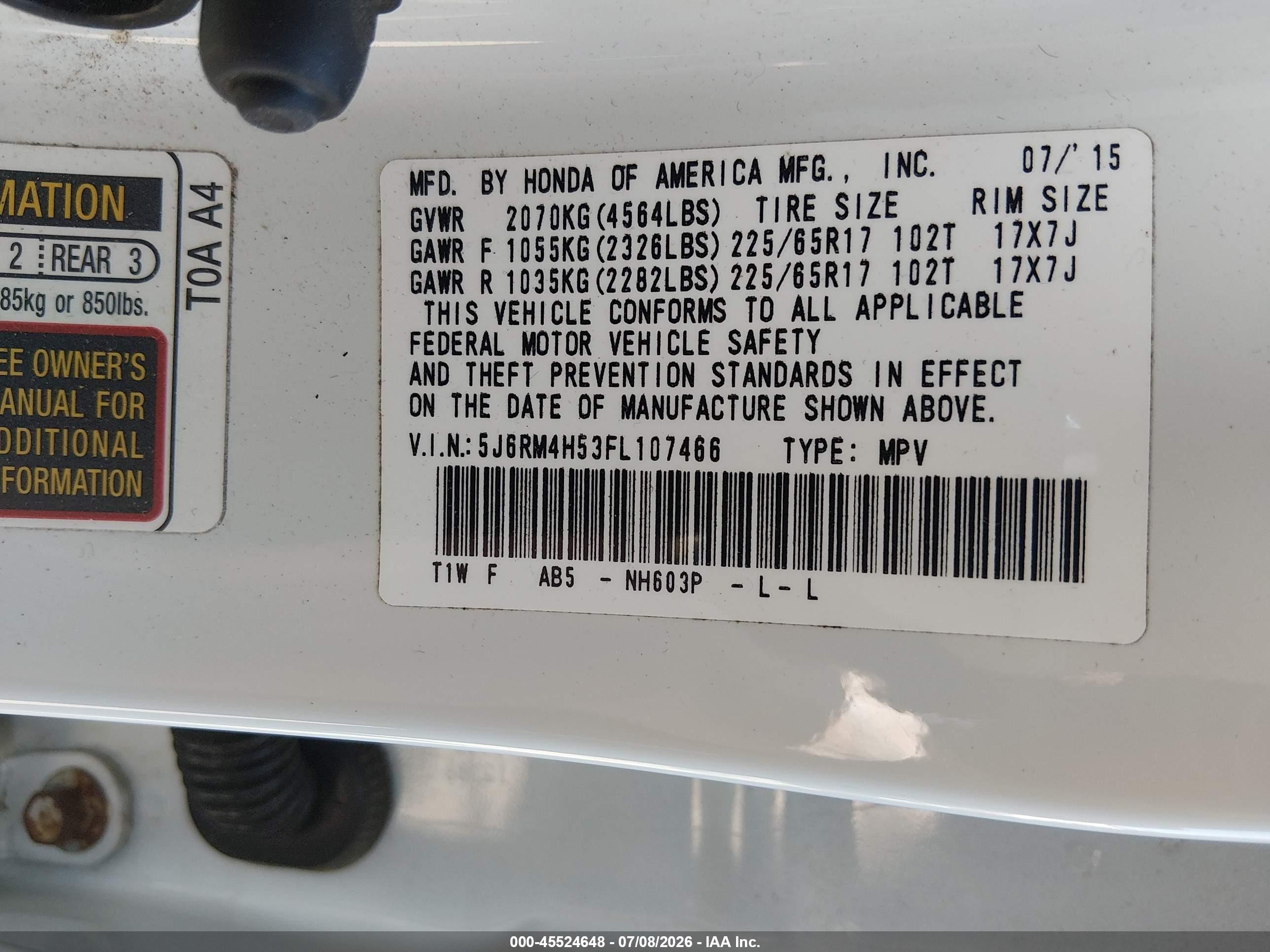 2015 Honda Cr-v Ex White vin: 5J6RM4H53FL107466